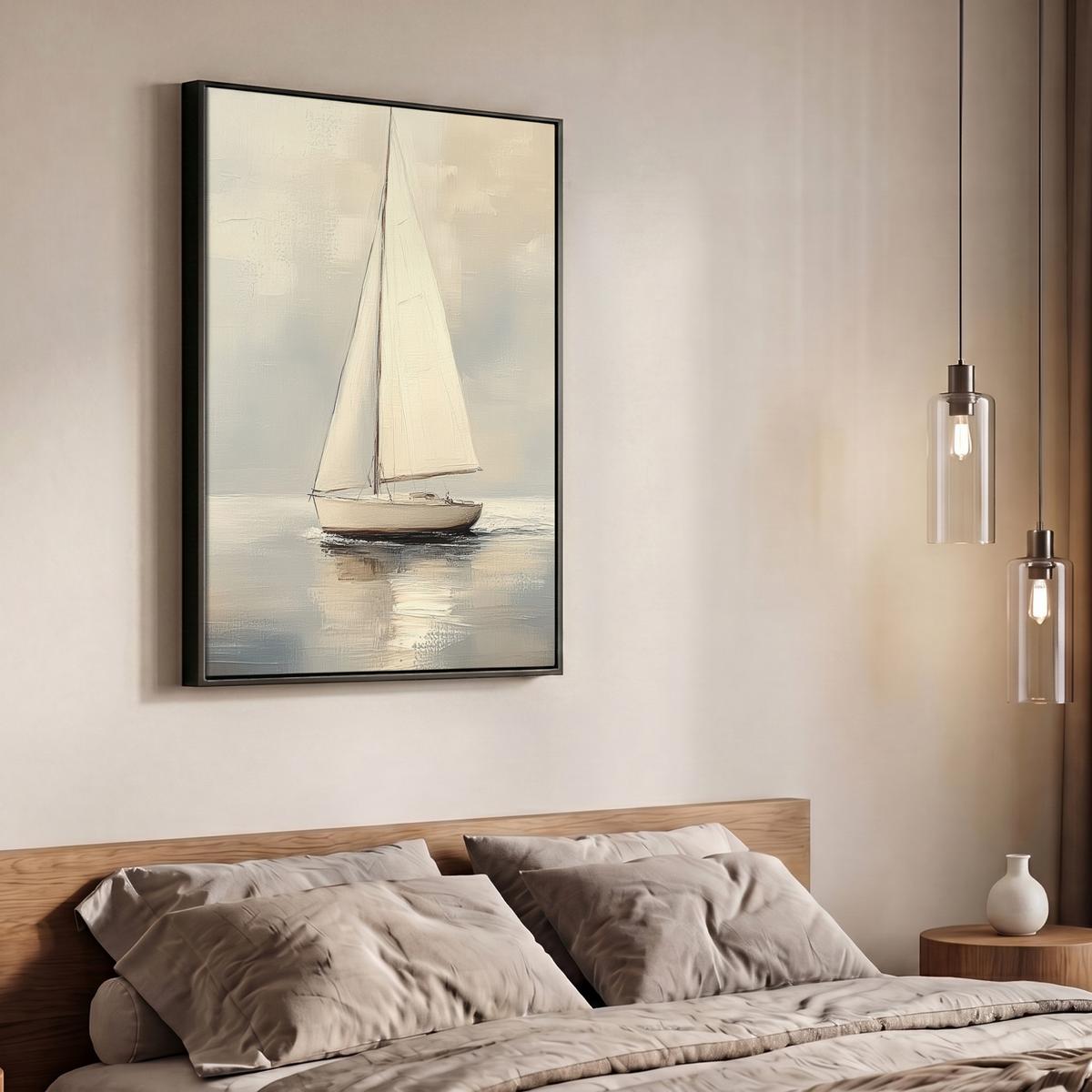 LEINWAND Bilder mit Rahmen - Segelschiff - Meer - Bewölkt - 70x100 - Creme, Textil (70/100cm) - MuchoWow