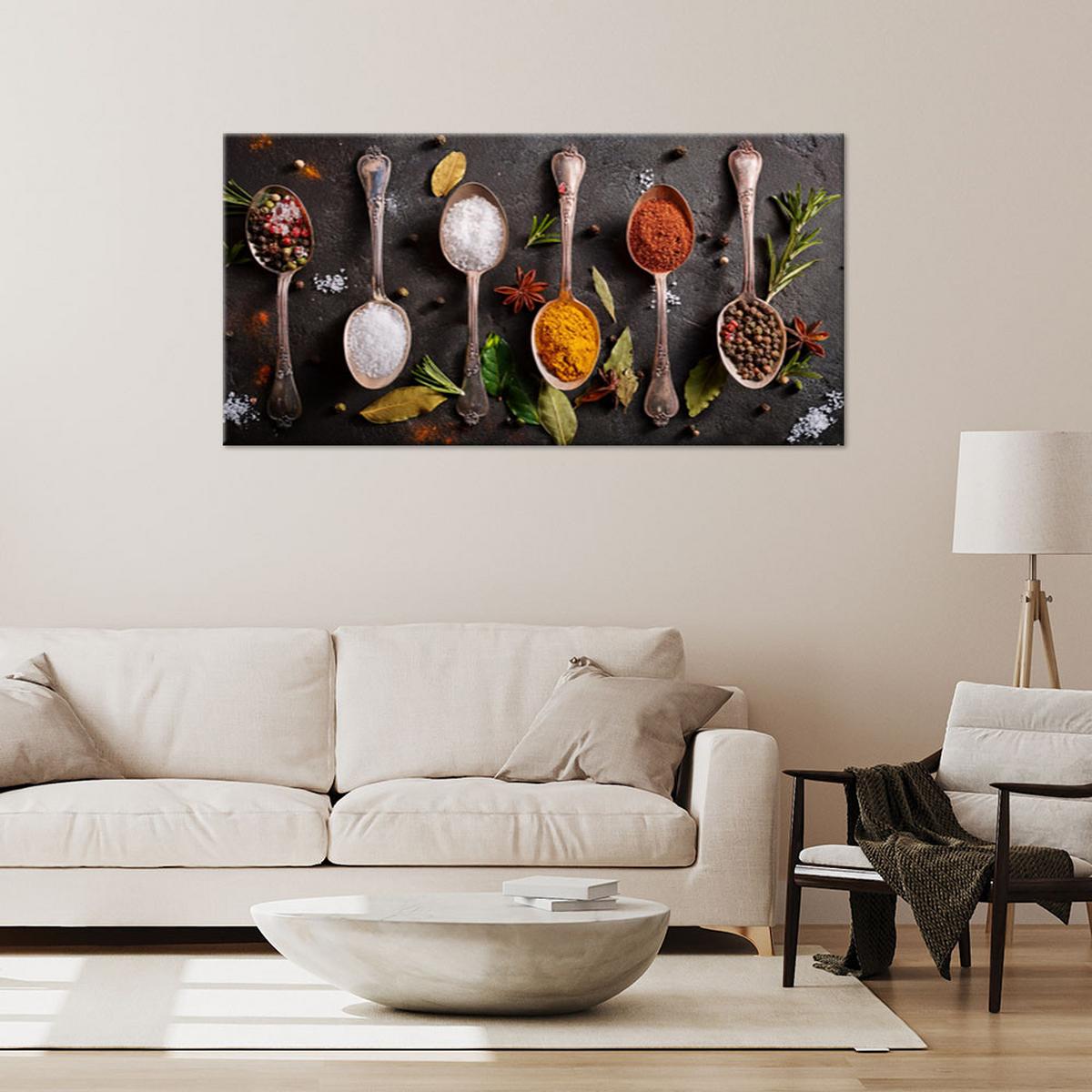 LEINWANDBILD Gewürze Kräuter Besteck 120x60cm - Multicolor, Textil (120/60cm) - Feeby