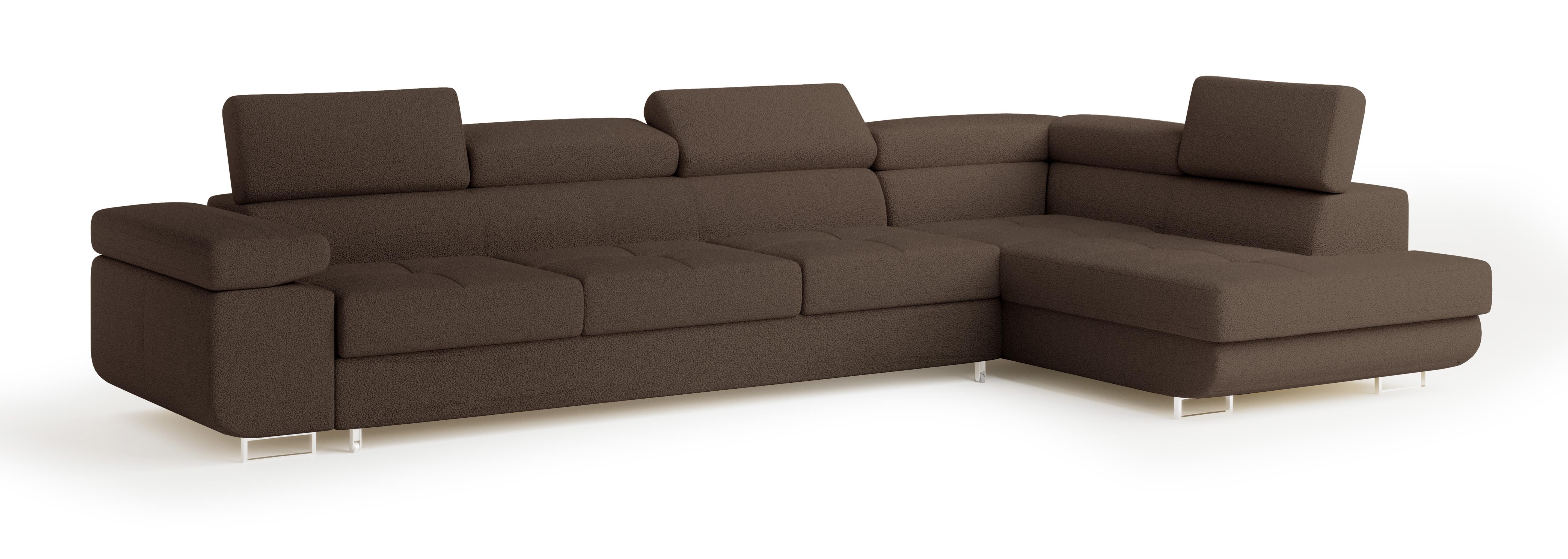 ECKSOFA VICENTE Braun Boucle-Stoff mit Schlaffunktion - Braun, Holz (346/202cm) - MASSENO
