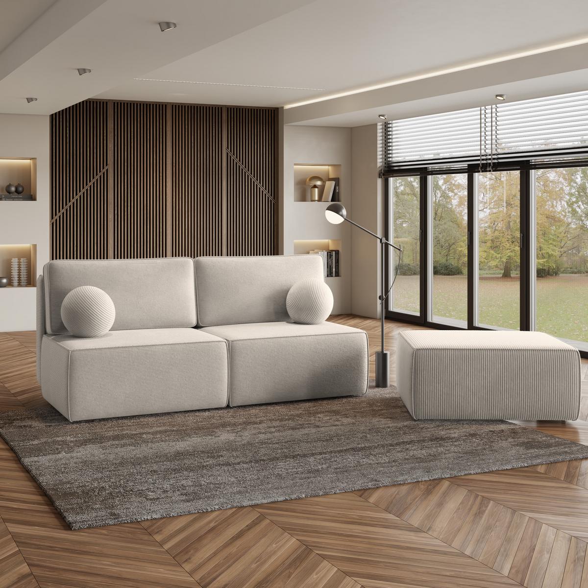 ECKSOFA VARNA P Creme Kordstoff mit Schlaffunktion - Creme/Grau, Holz/Kunststoff (196/158cm) - MASSENO