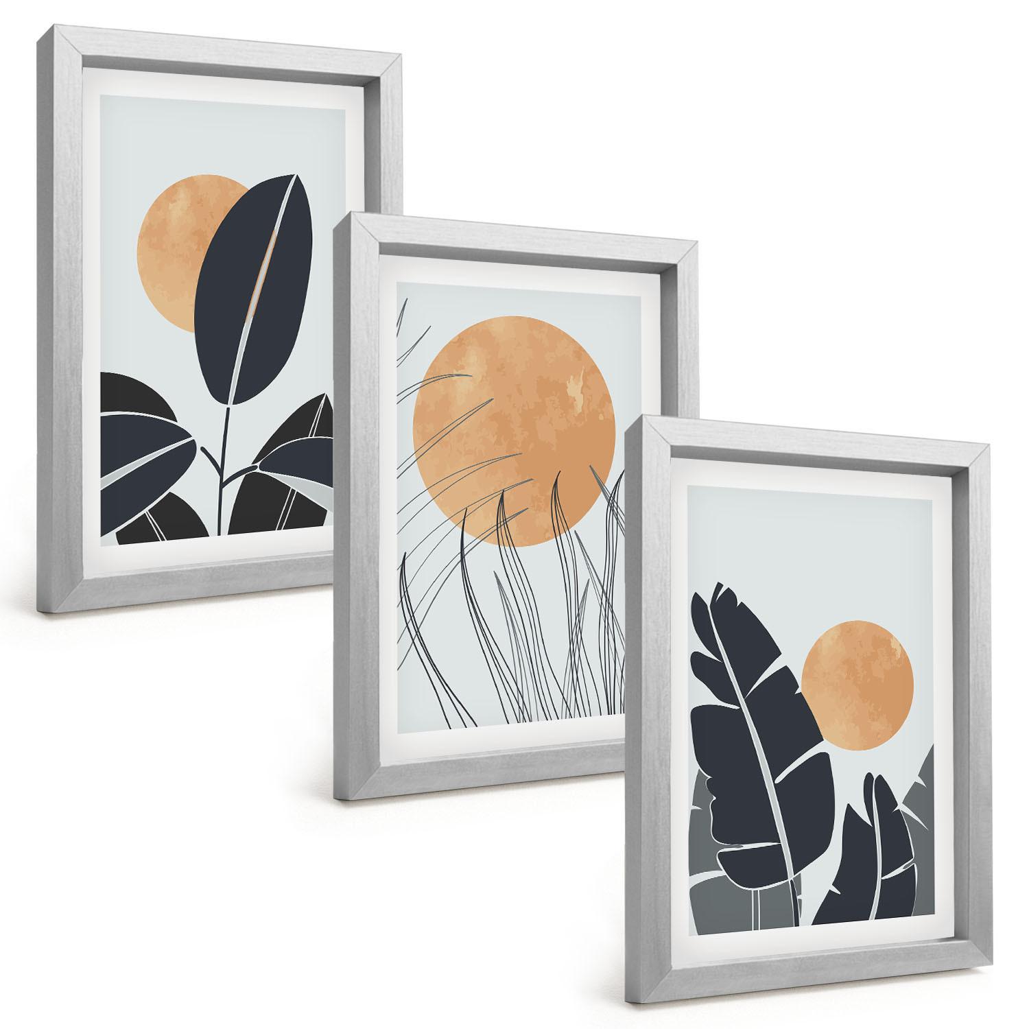 BILDER SET 3er Set - 20x30 cm Silberner Rahmen - Pflanzenmuster große Sonnen minimalistisch - Silberfarben, Kunststoff (20/30cm) - TULUP