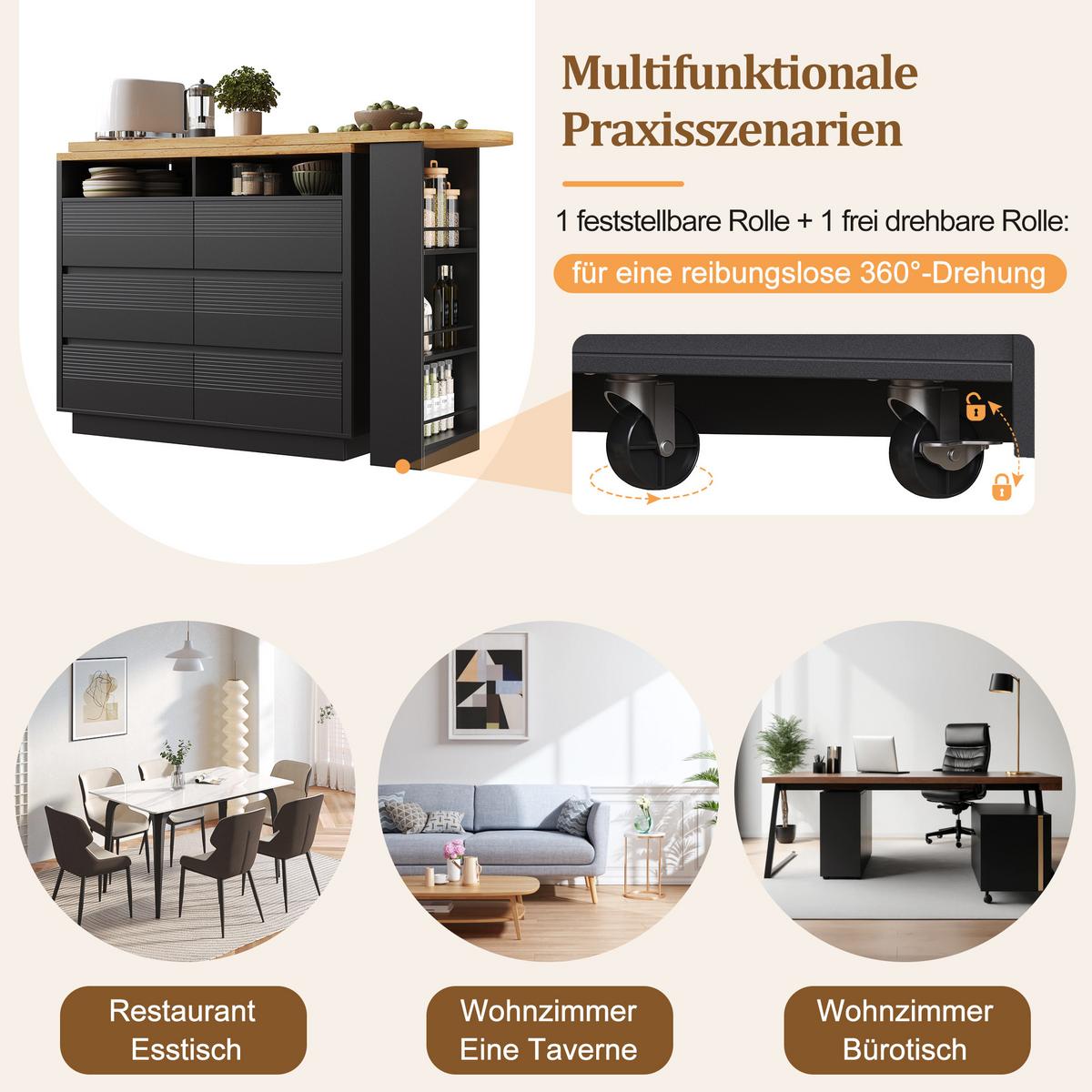 BARTISCH Schwarz Ausziehbar mit 6 Schubladen & Rollen Kücheninsel - Schwarz, Holzwerkstoff (39/215/102cm) - Urban Meuble
