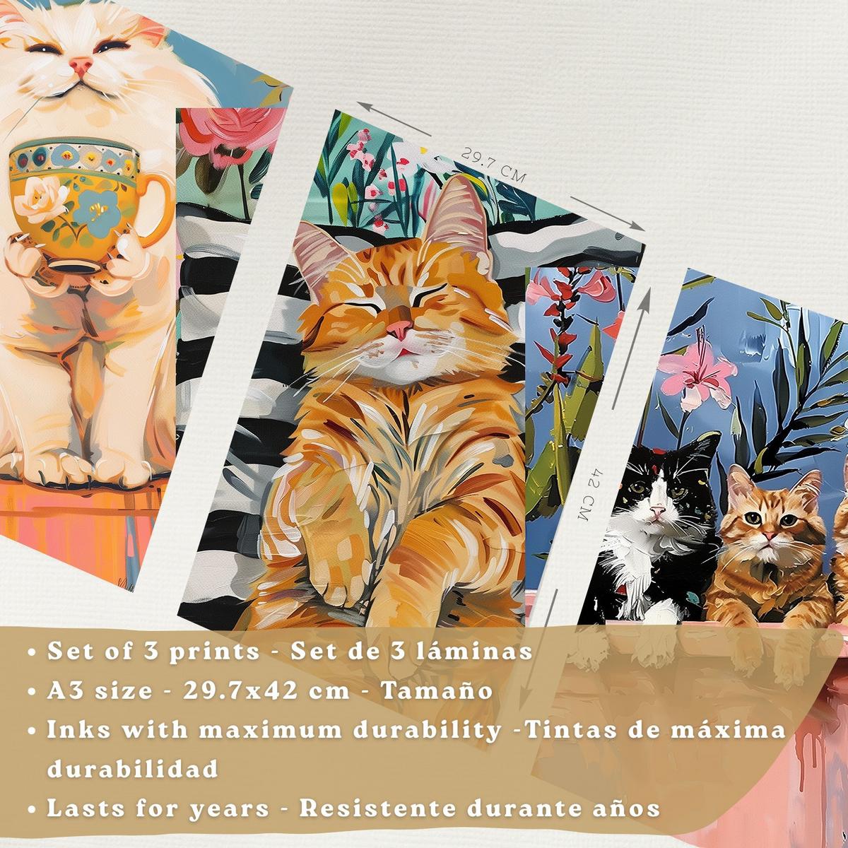 POSTER 3er Kunstdruck-Set Wandbilder Katzen modern Wohnzimmer Deko, Schlafzimmer, Küche, Badezimmer Schwarzer Rahmen A3 - Schwarz, Papier (29.7/1/42cm) - Nacnic