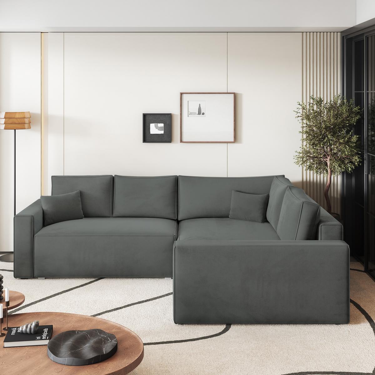 ECKSOFA ERONIS R-S Grau Velours-Stoff mit Schlaffunktion - Grau, Holz (265/194cm) - MASSENO