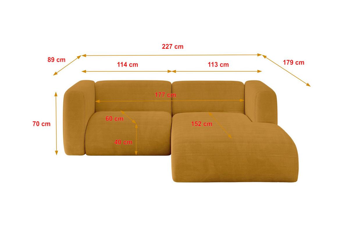 ECKSOFA Ottomane Rechts MIRA-L1 227x179x89 Senfgelb Cord - Currygelb/Schwarz, Holzwerkstoff/Kunststoff (227/179cm) - ALTDECOR