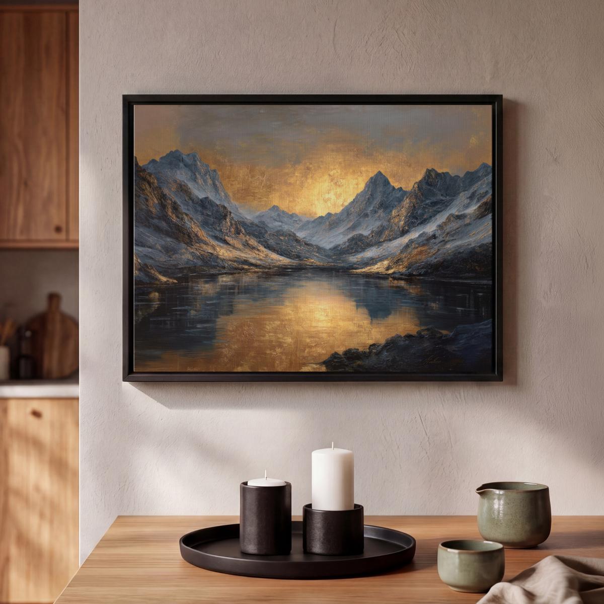 LEINWAND Bilder mit Rahmen - Bergkulisse mit goldenem Sonnenuntergang - 40x30 - Goldfarben, Textil (40/30cm) - MuchoWow