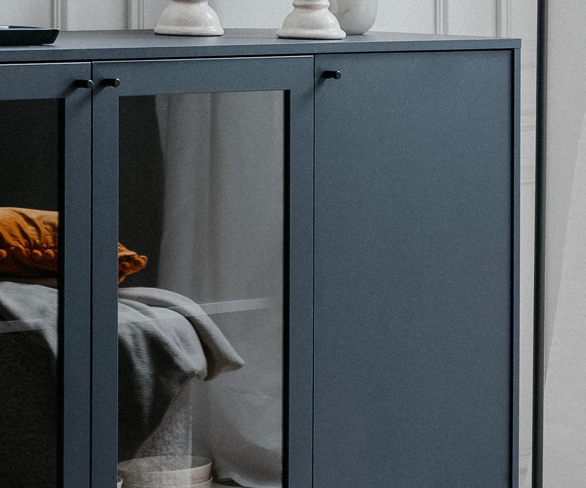 SIDEBOARD blau 180 cm, Kommode 4-türig mit viel Stauraum - Blau/Schwarz, Glas/Holzwerkstoff (180/90/40cm) - Furn.Design