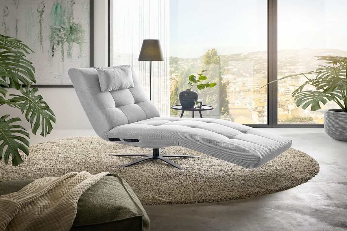 RELAXLIEGE LETICIA Silber Cord Drehbar (360°), Relaxfunktion - Silberfarben/Schwarz, Textil/Metall (82/115/156cm) - KAWOLA