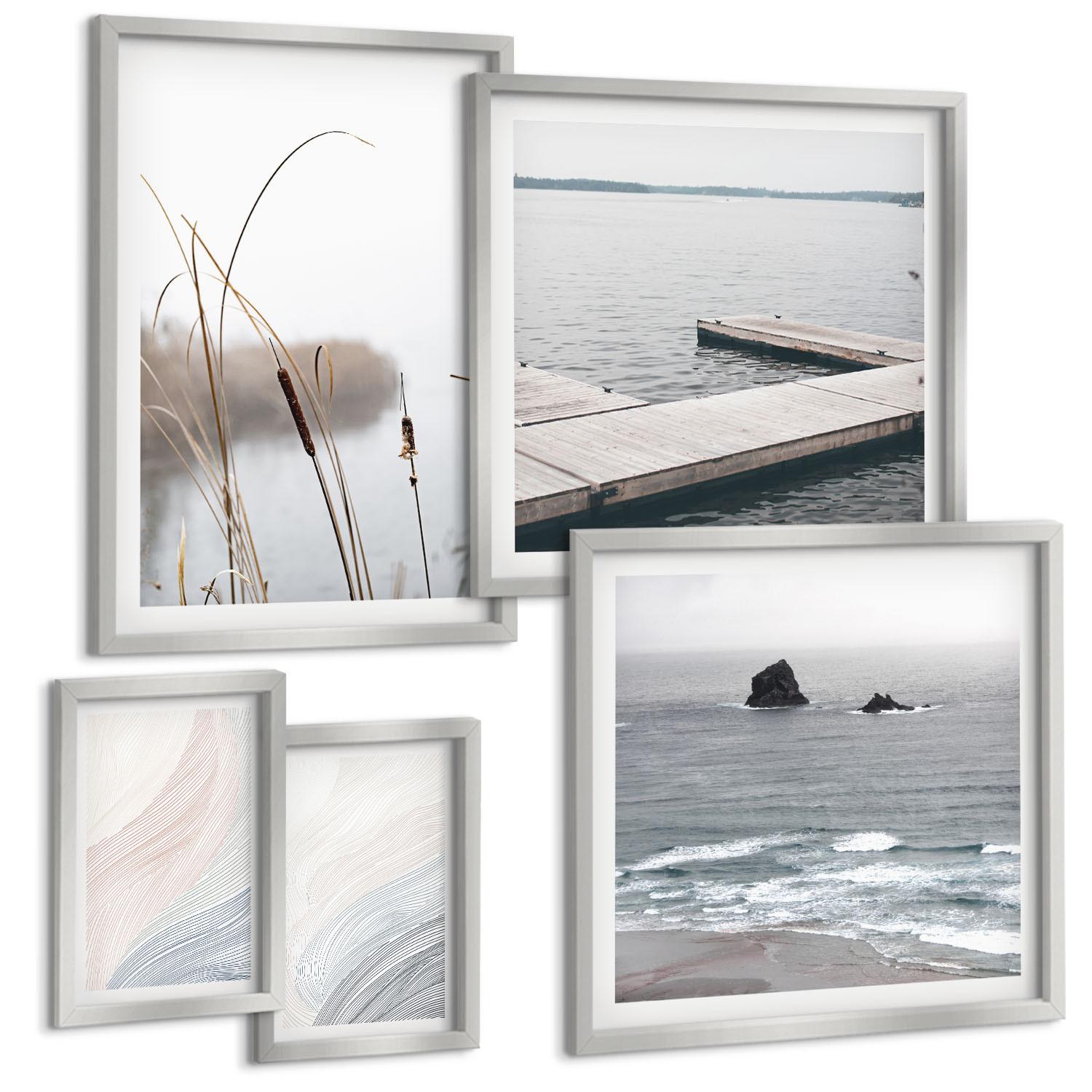 BILDER SET 5er Set - 50x50 cm & 20x30 cm & 40x60 cm Silberner Rahmen - Abstrakte Pastellwellen - Silberfarben, Kunststoff (40/60cm) - TULUP