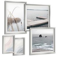 BILDER SET 5er Set - 50x50 cm & 20x30 cm & 40x60 cm Silberner Rahmen - Abstrakte Pastellwellen - Silberfarben, Kunststoff (40/60cm) - TULUP