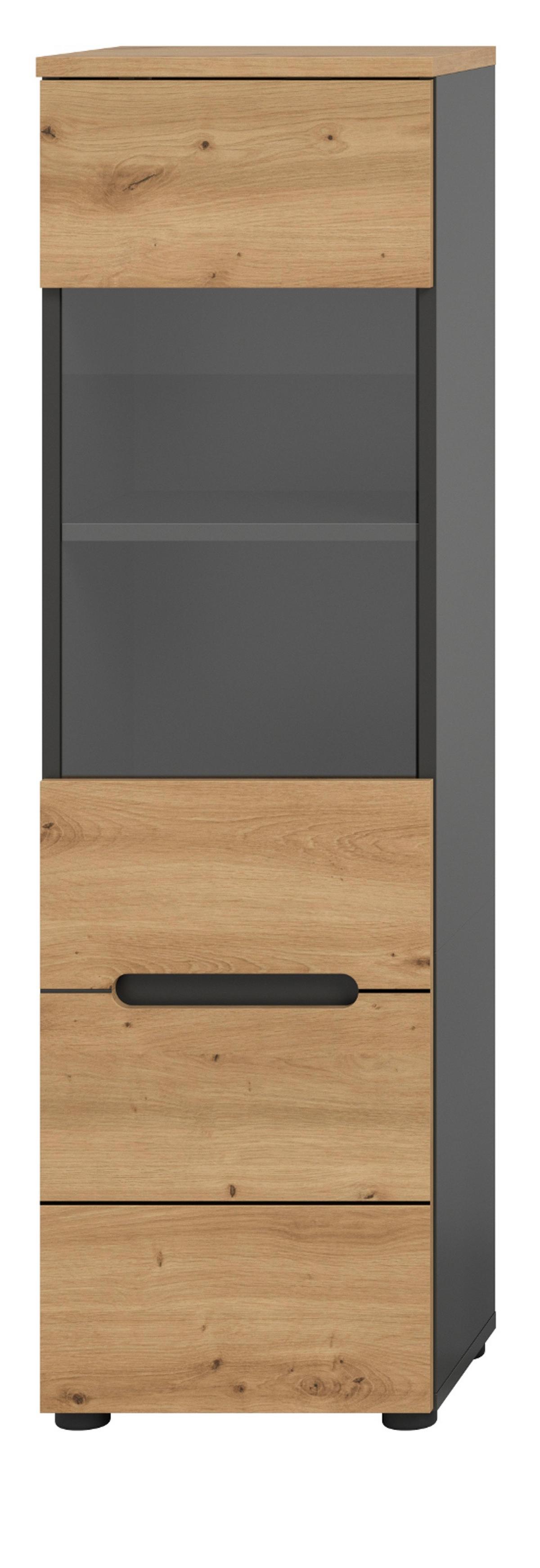 VITRINE Eiche Artisan, grau, Vitrinenschrank hängend / stehend 36 x 125 cm, Soft-Close - Schwarz/Eiche Artisan, Glas/Holzwerkstoff (36/125/33cm) - Inn.Furn