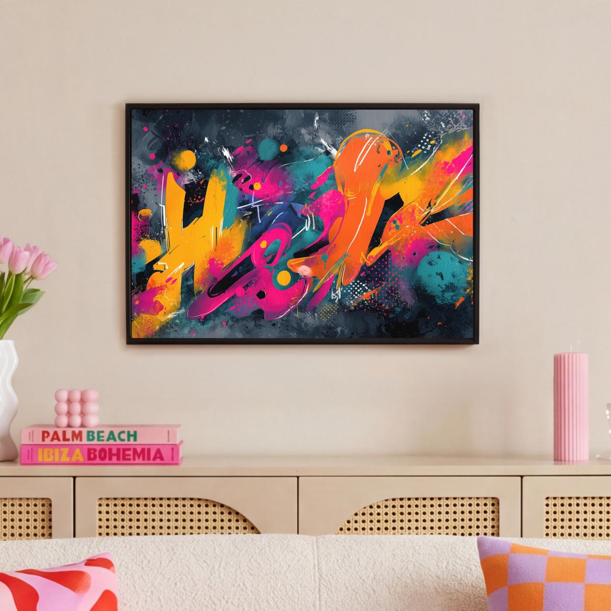 LEINWAND Bilder mit Rahmen - Abstrakt - Graffiti - Farbenfroh - Farbspritzer - 60x40 - Multicolor, Textil (60/40cm) - MuchoWow