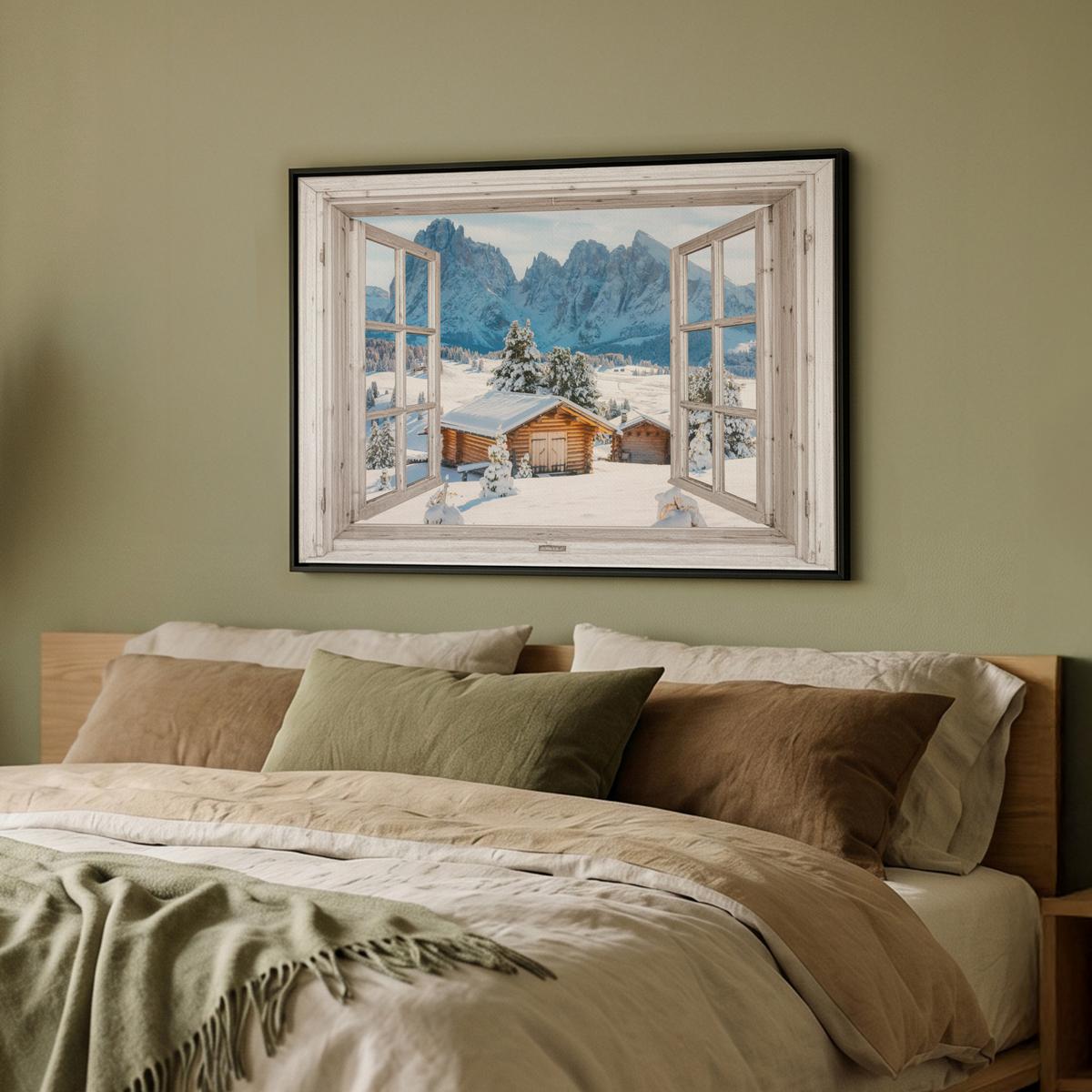 LEINWAND Bilder mit Rahmen - Winterlandschaft - Hütte - Berge - Ausblicke - Aussicht - Natur - 80x60 - Weiß Hochglanz, Textil (80/60cm) - MuchoWow