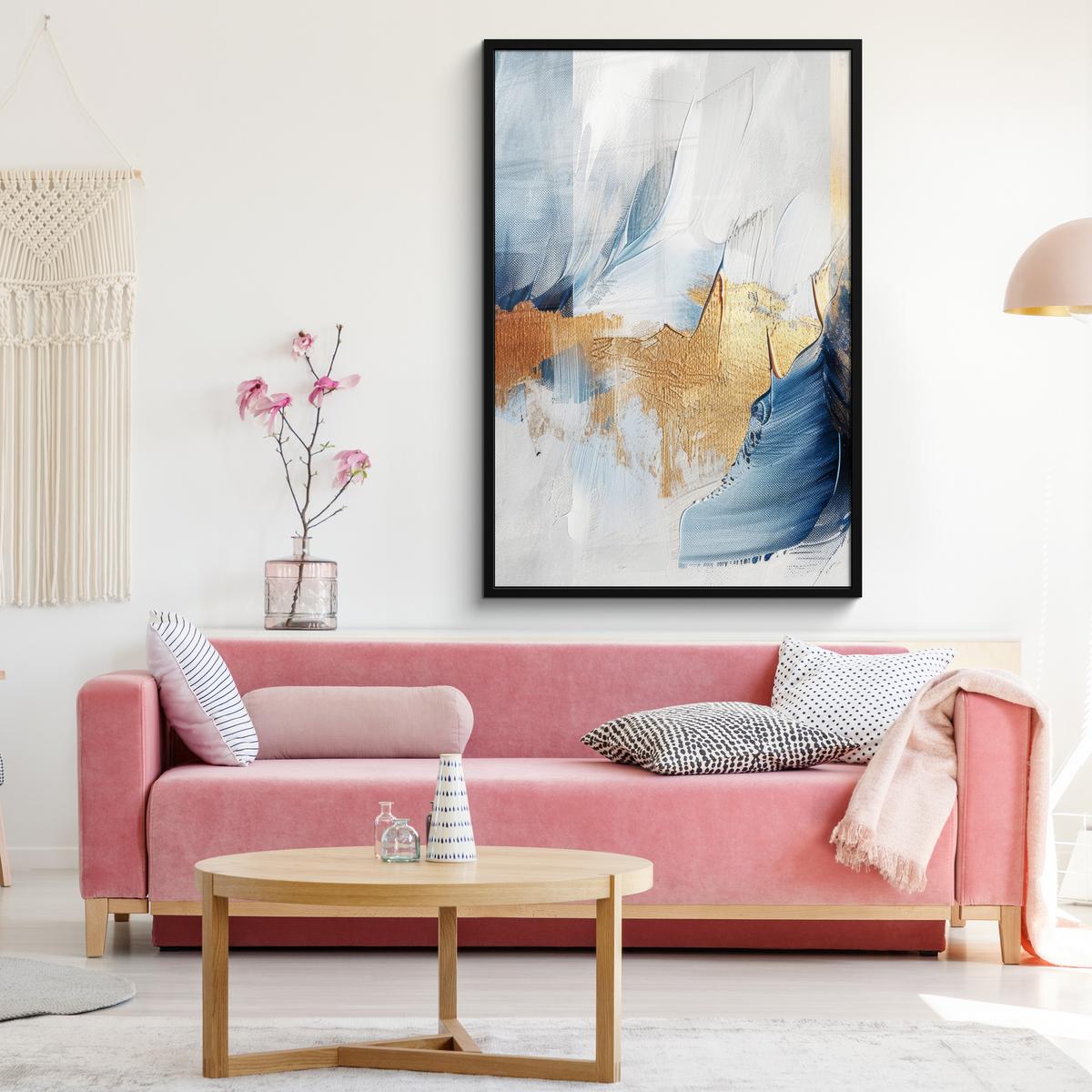 POSTER MIT RAHMEN Gold - Blau - Aquarell - Kunst - Modern Bilderleiste 80x120 cm - Hellblau, Papier (80/120cm) - MuchoWow