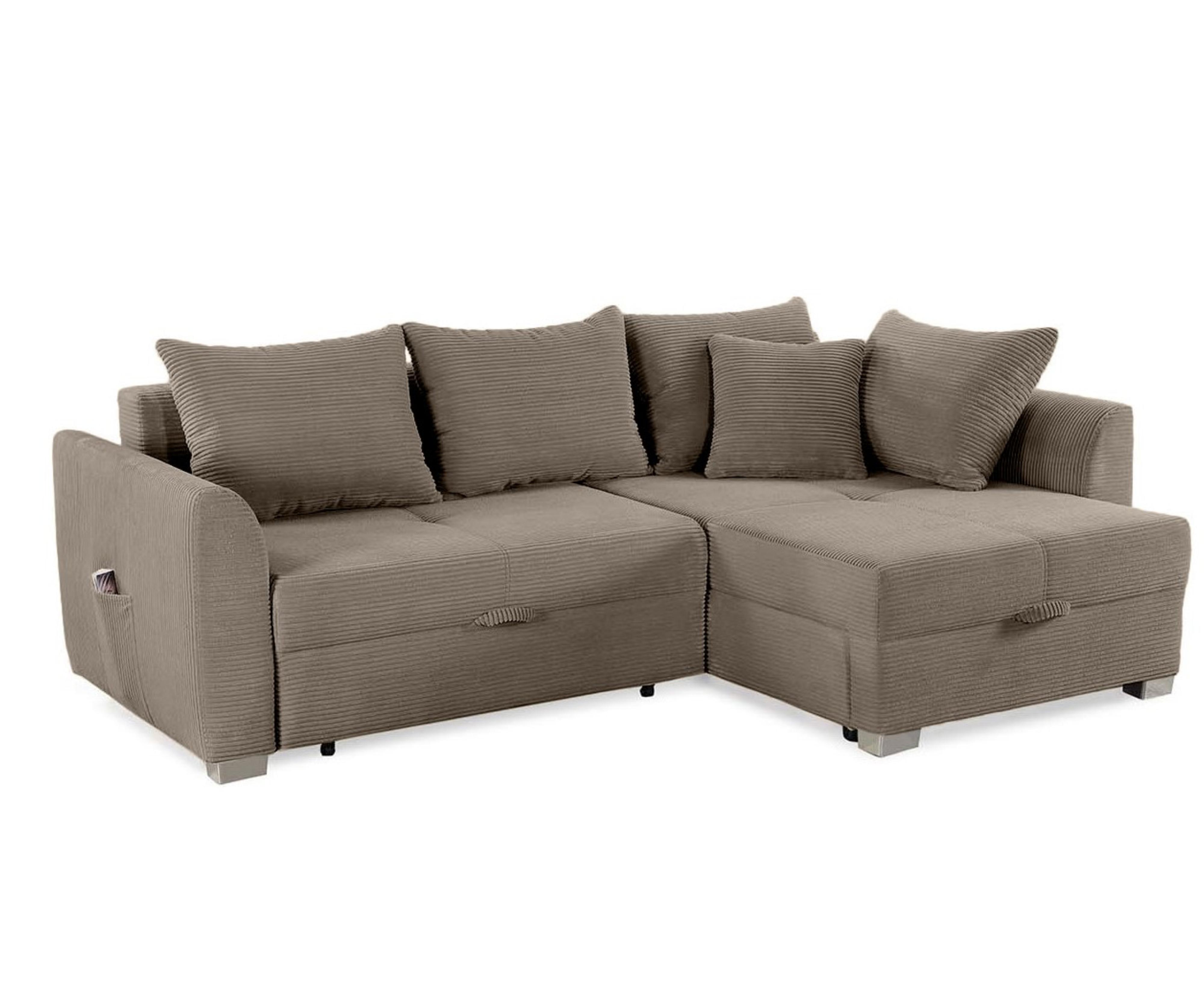 ECKSOFA mit Schlaffunktion und Bettkasten, seitenverkehrt montierbar B236/T160/H81 cm, Liegefl. 142x202 cm, Cord Braun Taupe / 15208 - Chromfarben/Braun, Kunststoff/Textil (236/160cm) - luma-home