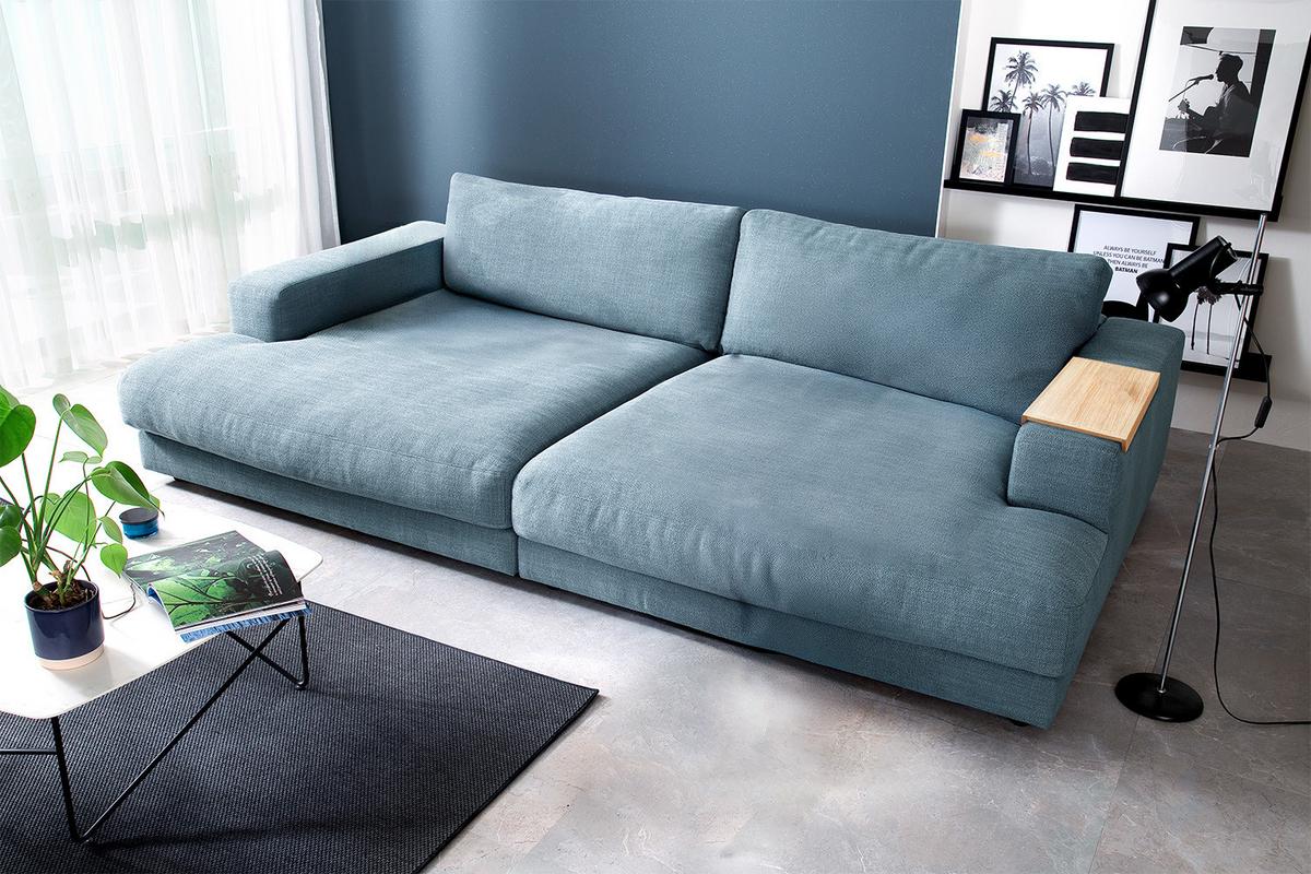 BIG SOFA XL MIT TABLETT MADELINE Petrol Webstoff - Petrol/Schwarz, Kunststoff/Textil (290/85/190cm) - KAWOLA