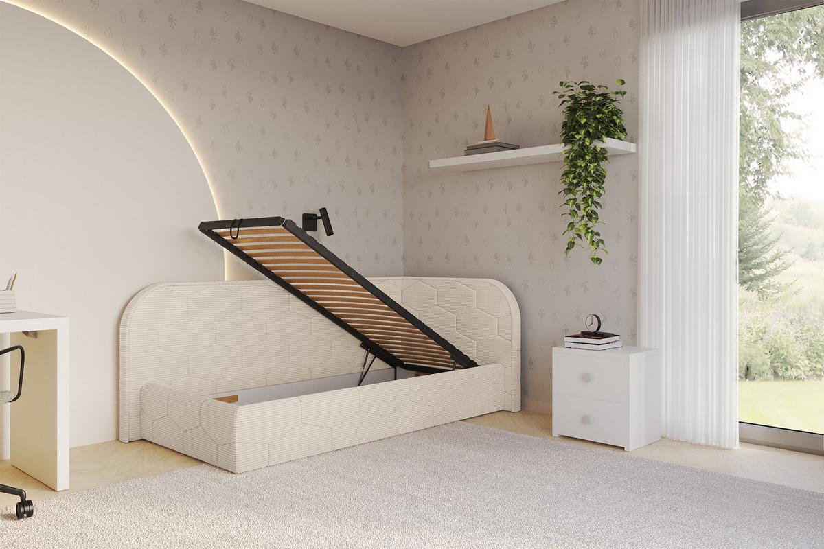 EINZELLBETT Jugendbett mit Bettkasten und Matratze H3/H4, Links - JAXY 100x200 Beige - Creme, Holzwerkstoff/Textil (100/200cm) - ALTDECOR