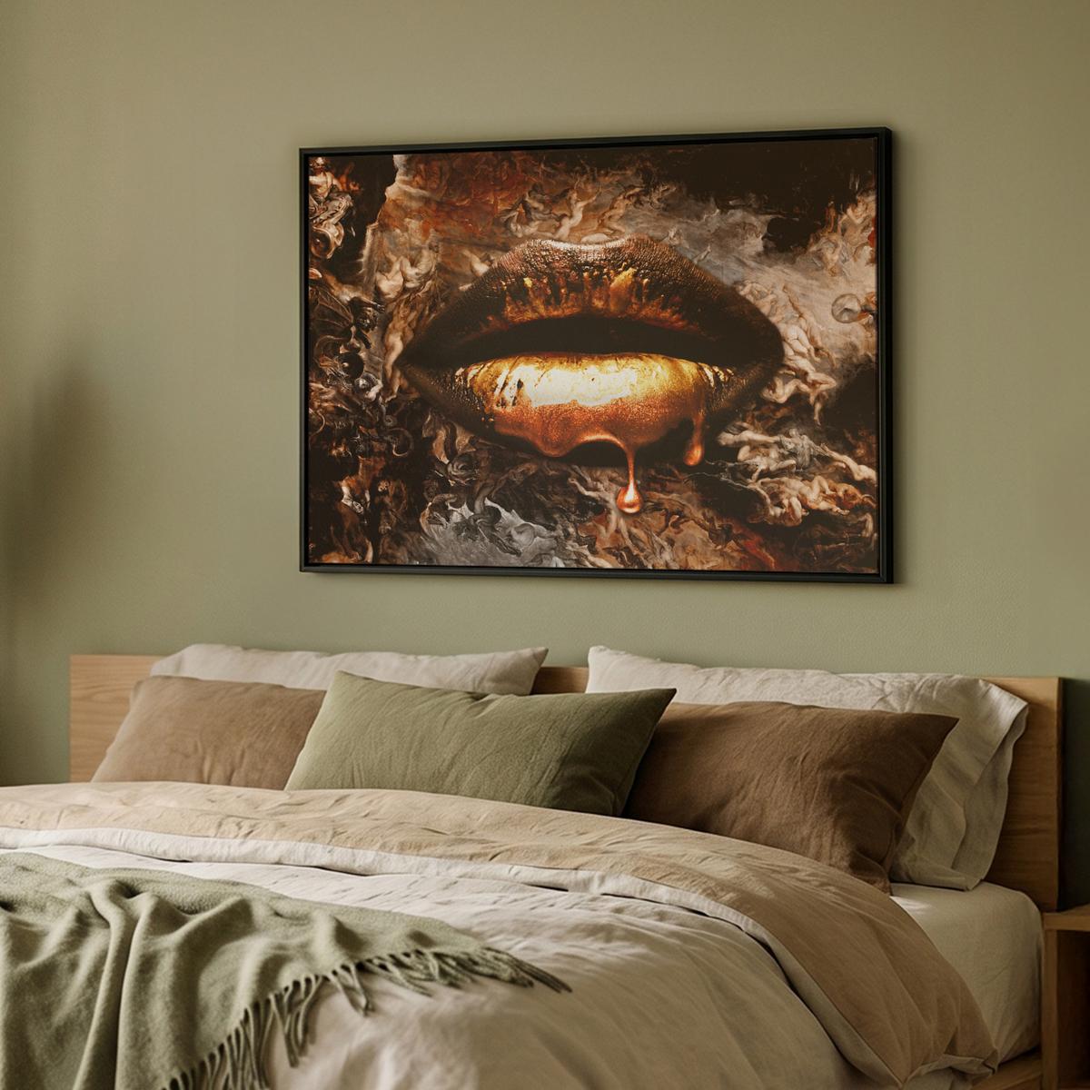 LEINWAND Bilder mit Rahmen - Gold - Lippen - Kunst - Gold - Luxus - Abstrakt - 100x70 - Kupferfarben, Textil (100/70cm) - MuchoWow
