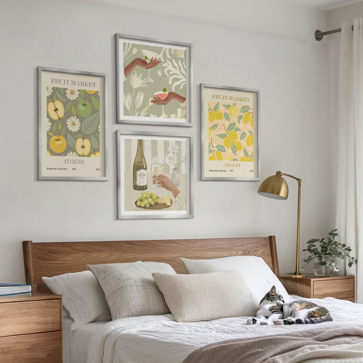 BILDER SET 4er Set - 50x50 cm & 40x60 cm Silberner Rahmen - Fruchtige Muster italienischer Wein - Silberfarben, Kunststoff (50/50cm) - TULUP