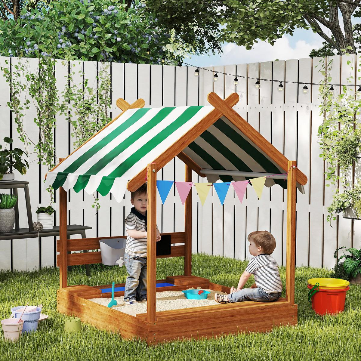 SANDKASTEN mit Dach, Sandkiste aus Holz mit Sitzplatz, Spielhaus für 3-7 Jahre - Orange, Holz (124/116/146cm) - Outsunny