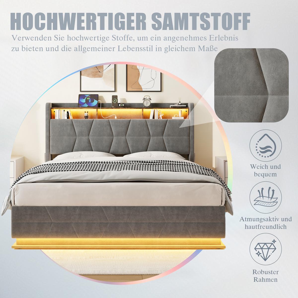 POLSTERBETT samt dunkelgrau 160x200 cm mit led-beleuchtung & usb-ladestation - Dunkelgrau, Textil (160/200cm) - Urban Meuble