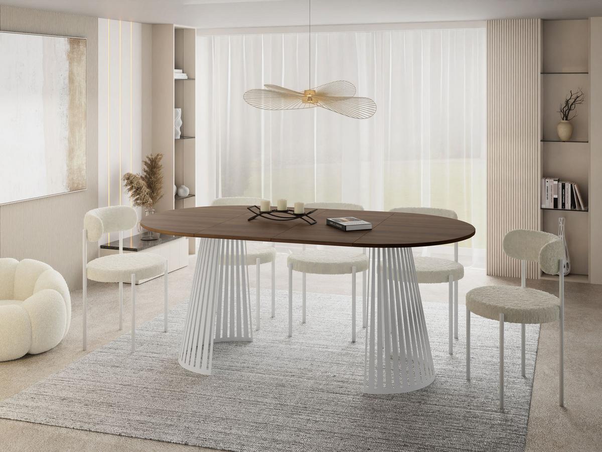 ESSTISCH Naro rund ausziehbar mit Weißem Lamellen-Metallgestell, Walnuss Braun 120-200/120/76 cm - Walnussfarben/Weiß, Holzwerkstoff/Metall (120/196/76cm) - WFL GROUP