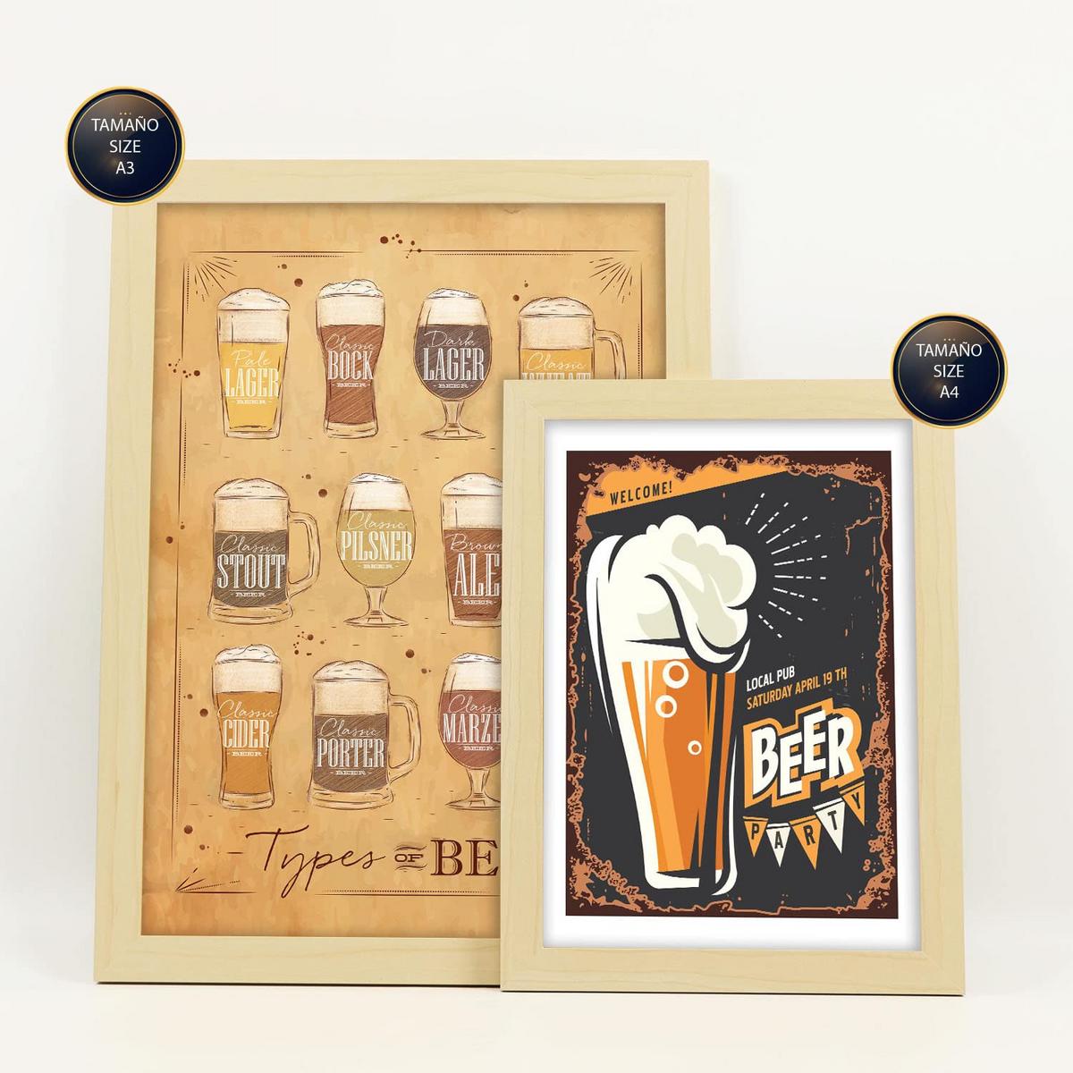 POSTER Set Mit 6 Bier Schilder Vollfarbige Illustrationen Von Kaffee & Getränken Im Werbetafel Illustrationen A3 & A4 Rahmen Aus Hellem Holz - Beige, Papier (29/3cm) - Nacnic