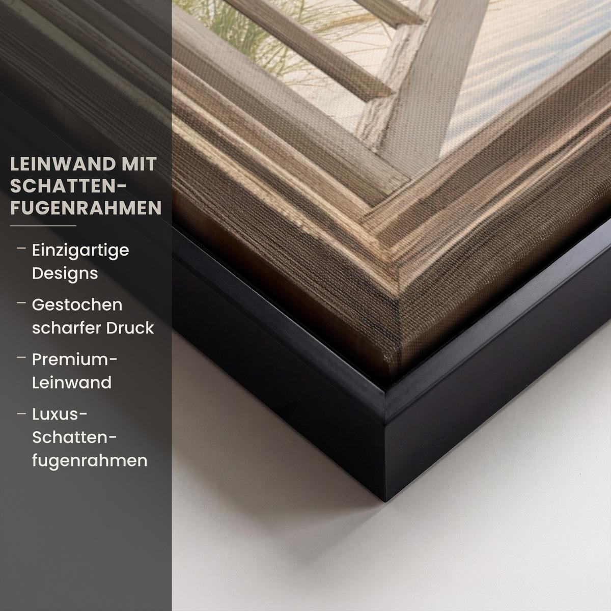 LEINWAND Bilder mit Rahmen - Aussicht - Strand - Fenster - Dünen - Meer - 100x70 - Hellblau, Textil (100/70cm) - MuchoWow