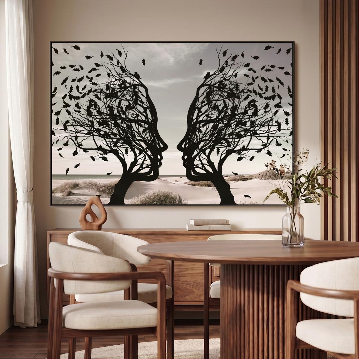 LEINWAND Bilder mit Rahmen - Strand - Meer - Menschen - Baum - Moderne Kunst - 140x90 - Hellgrau, Textil (140/90cm) - MuchoWow