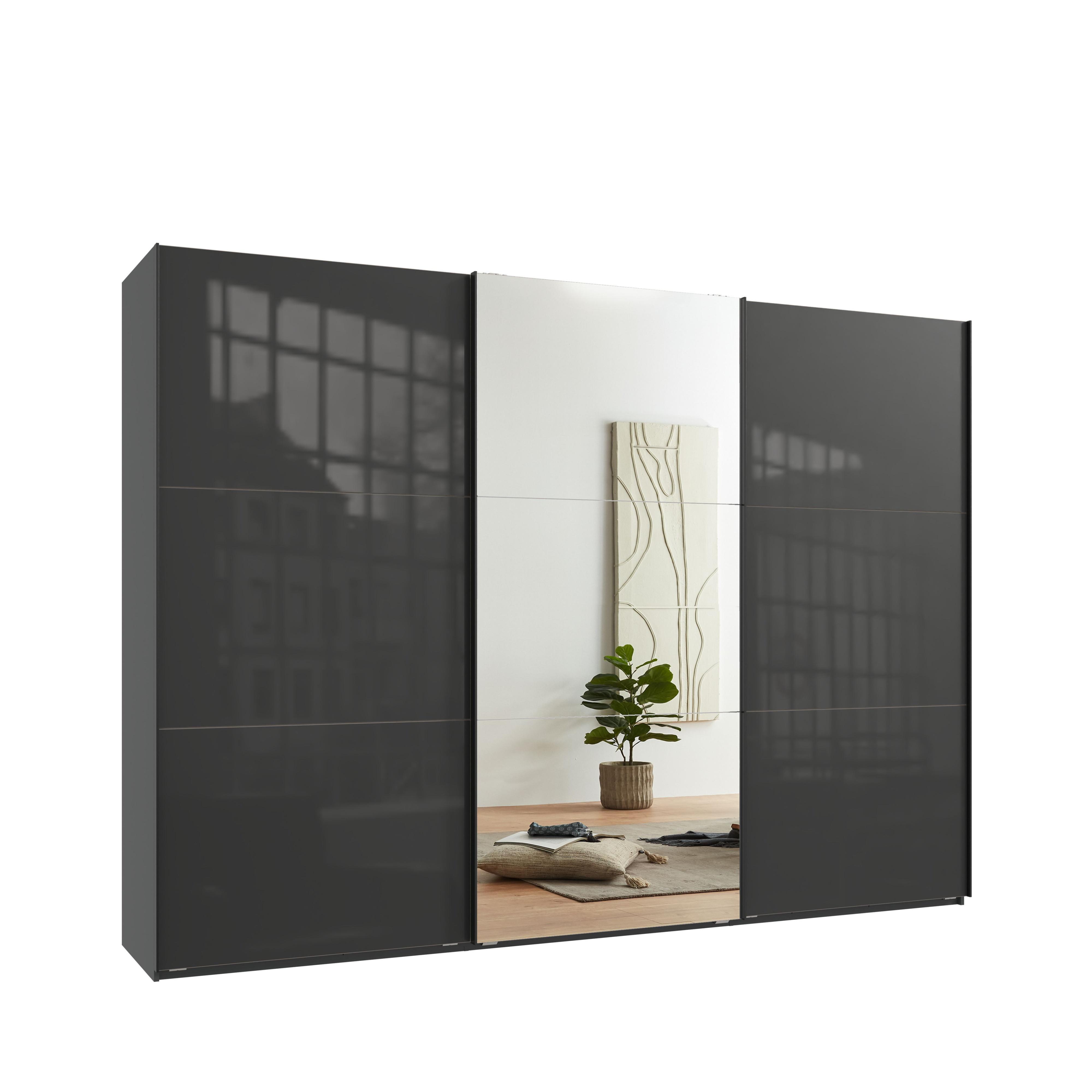 SCHWEBETÜRENSCHRANK 3-türig B300/H216/T65 cm in Anthrazit mit Glasfront, eine Spiegeltür, Kleiderschrank inkl. Vollausstattung / 22041 - Eichefarben/Anthrazit, Holzwerkstoff/Metall (300/216/65cm) - luma-home
