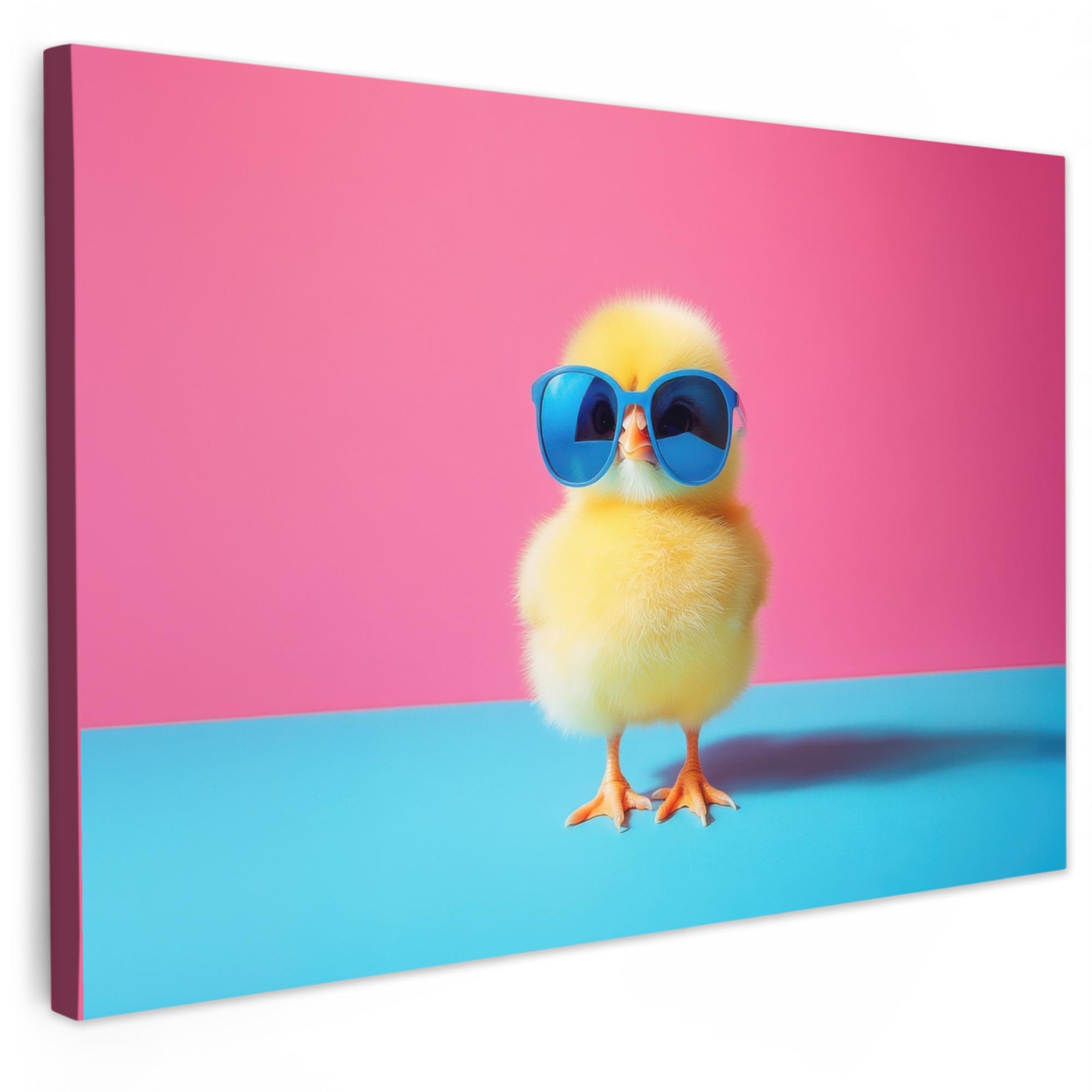LEINWANDBILD Chick - Sonnenbrille - Blau Gemälde 60x40 cm - Pink/Gelb, Textil (60/40cm) - MuchoWow