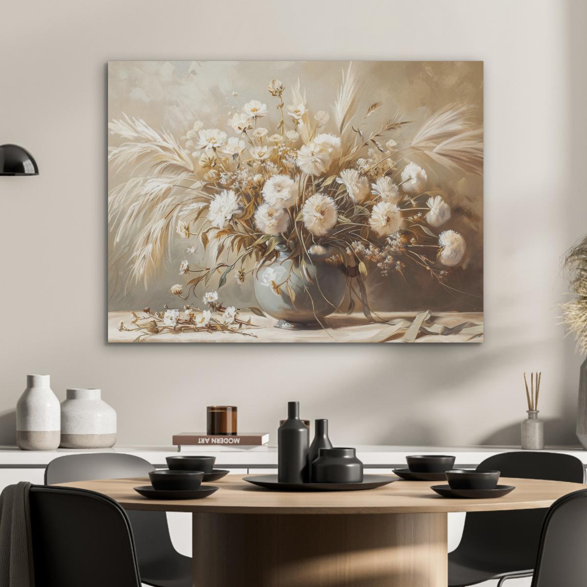 AKUSTIKBILD Blumen - Vase - Stilleben - Beige Gemälde 80x60 cm - Creme, Kunststoff (80/60/0.9cm) - MuchoWow