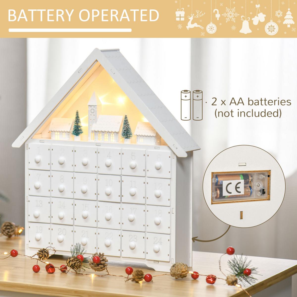 ADVENTSKALENDER Weihnachtskalender 24 Schubladen mit LED 2-in-1-Design - Weiß, Holz (9/42/39cm) - HOMCOM