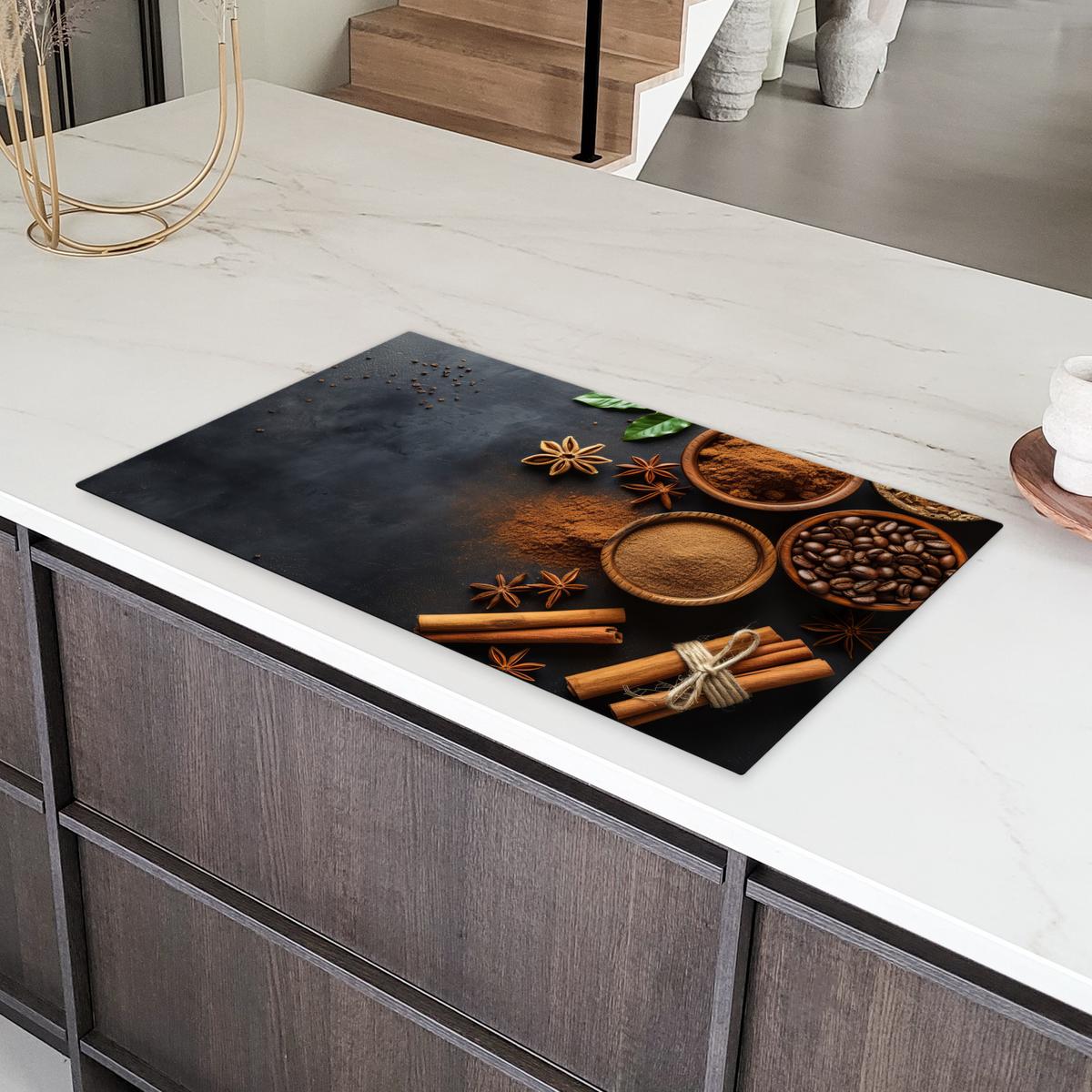 HERDABDECKPLATTE Zimt - Beton - Kaffee - Zimtstangen - Gewürze Induktionsschutz 91.2x52 cm - Mokka, Kunststoff (91.2/52/0.2cm) - MuchoWow