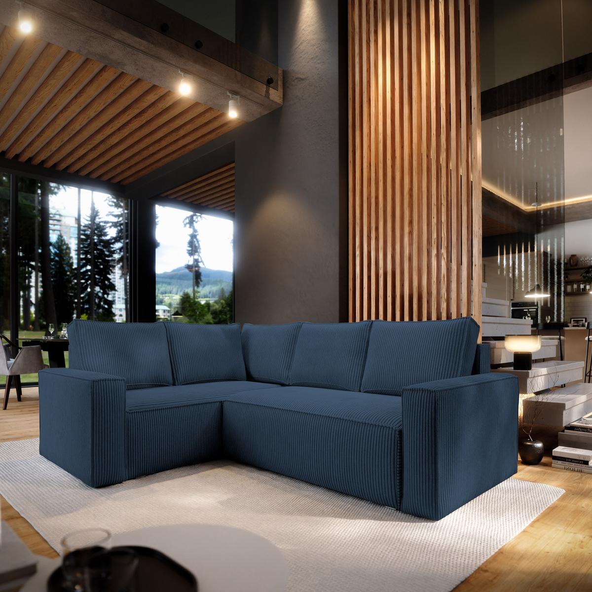 ECKSOFA ESTANO L-S Blau Kordstoff mit Schlaffunktion - Blau, Holz (230/158cm) - MASSENO