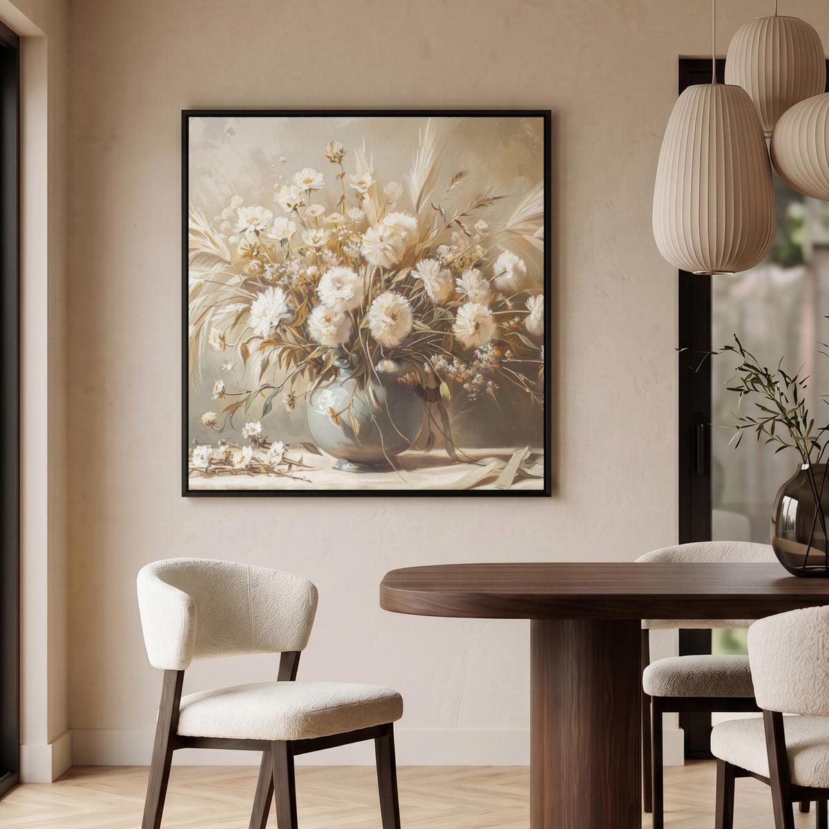 LEINWAND Bilder mit Rahmen - Blumen - Vase - Stilleben - Beige - 90x90 - Creme, Textil (90/90cm) - MuchoWow