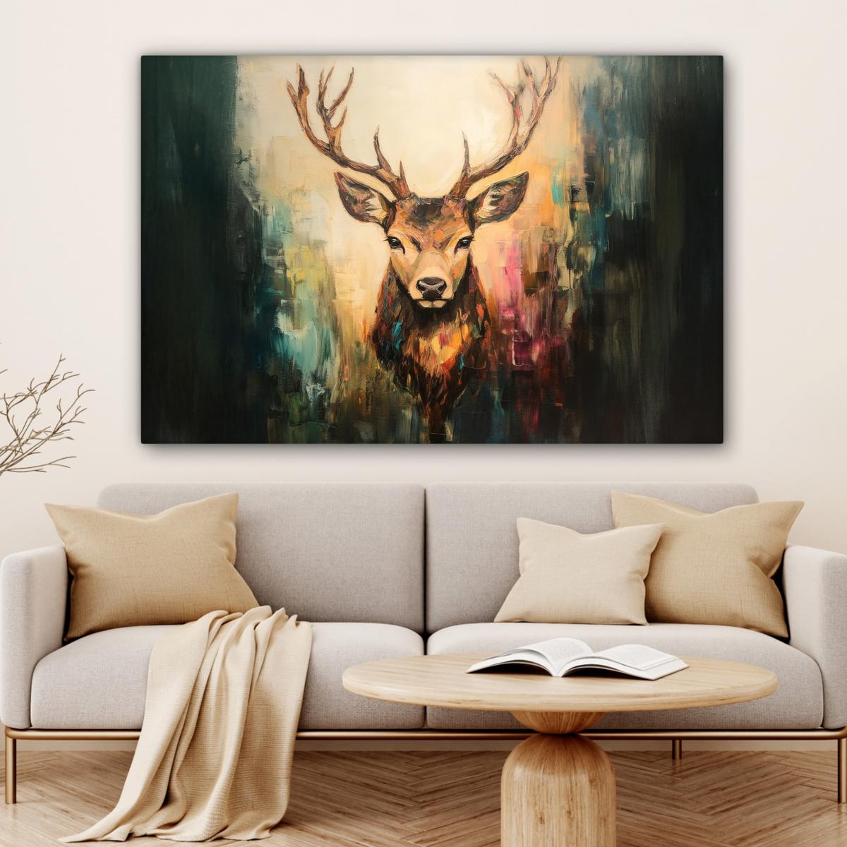 LEINWANDBILD Hirsch - Gemalt - Geweih - Braun XXL 150x100 cm - Haselnussfarben, Textil (150/100cm) - MuchoWow