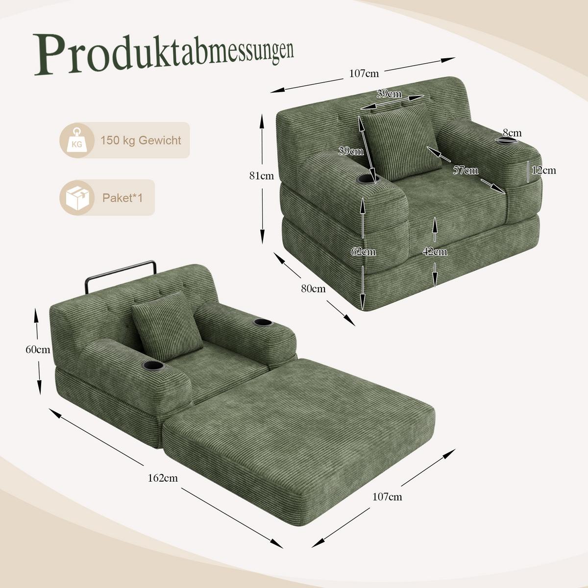 SCHLAFSOFA Cord mit Schlaffunktion, Getränkehalter & Taschen - Grün, Textil (107/81/80cm) - Urban Meuble