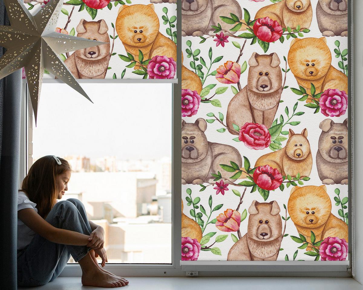 INNENROLLO - Fensterrollo - Rollo - 130x140 cm - Hunde zwischen den Blumen - Braun, Kunststoff (130/140/0.5cm) - TULUP