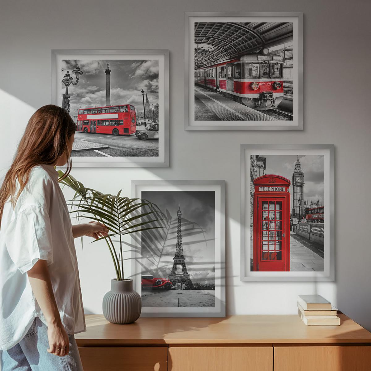 BILDER SET 4er Set - 50x50 cm & 40x60 cm Silberner Rahmen - Ikonische Städte London Paris Eisenbahn - Silberfarben, Kunststoff (50/50cm) - TULUP