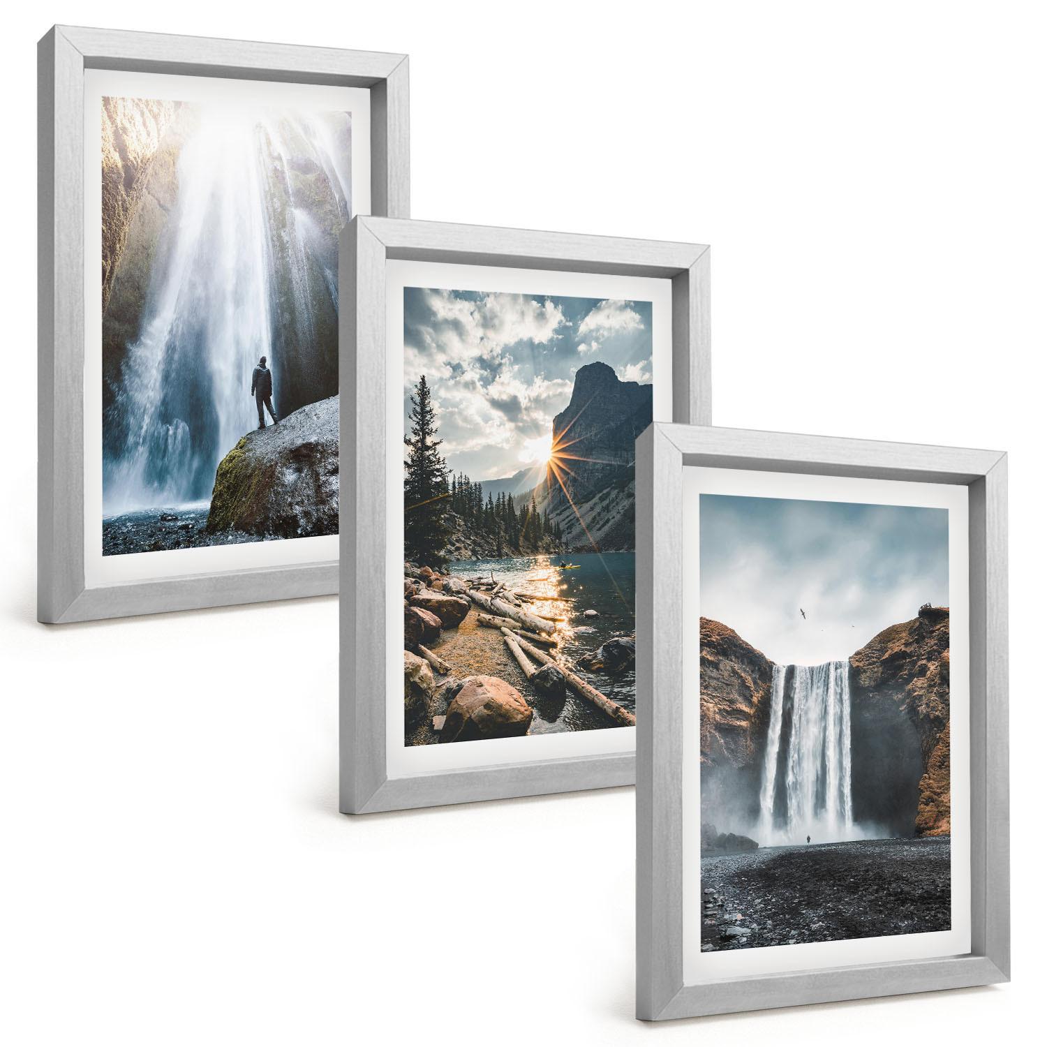 BILDER SET 3er Set - 20x30 cm Silberner Rahmen - Wasserfälle, Berge, Landschaften, Natur - Silberfarben, Kunststoff (20/30cm) - TULUP