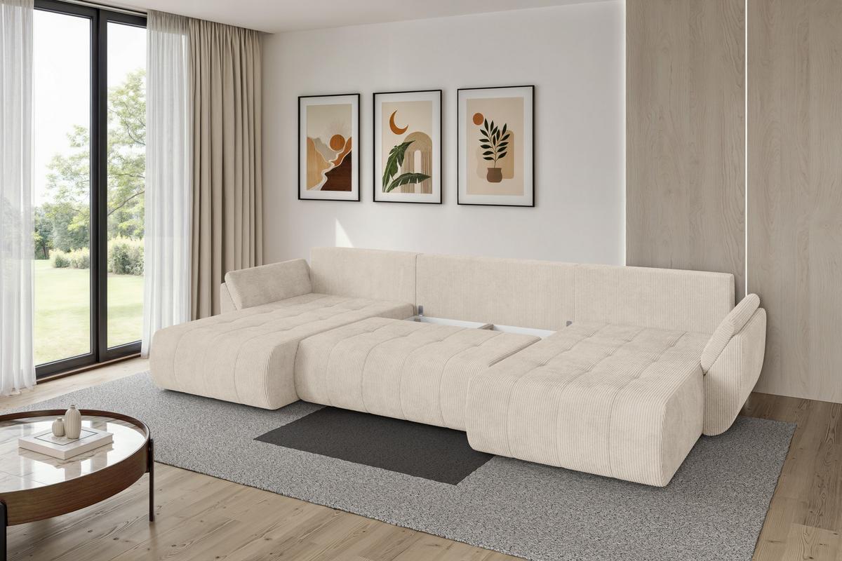 WOHNLANDSCHAFT mit Schlaffunktion und Bettkasten TOKO-U 378x194x86 Beige Cord - Beige/Schwarz, Holzwerkstoff/Kunststoff (378/86/194cm) - ALTDECOR