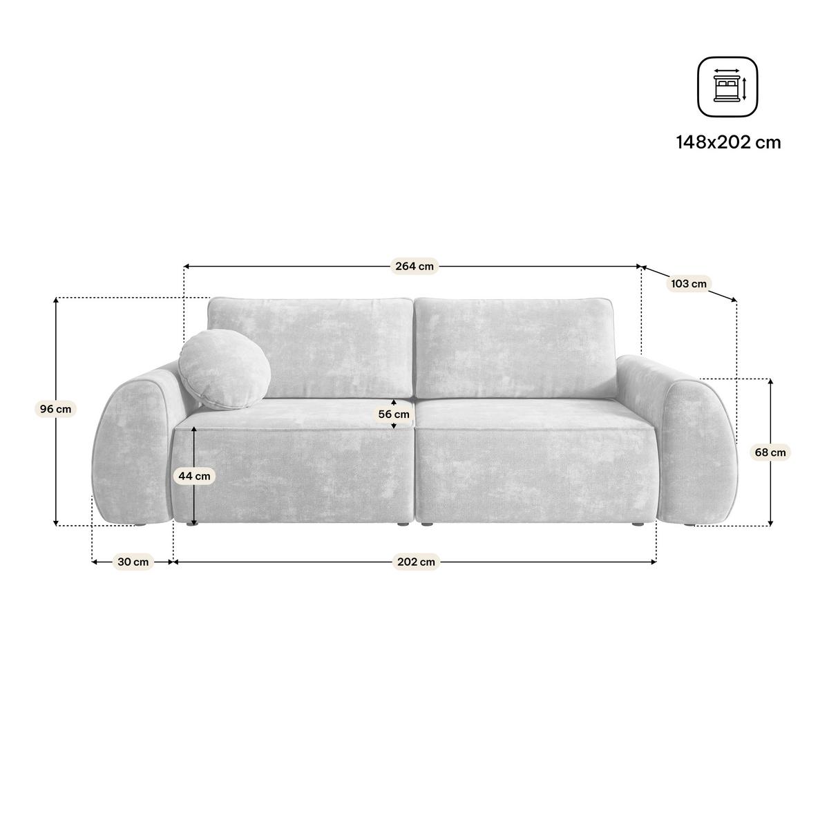 BETTSOFA ZEFEO Hellgrau Chenille-Stoff mit Schlaffunktion - Hellgrau, Textil (264/96/106cm) - MASSENO