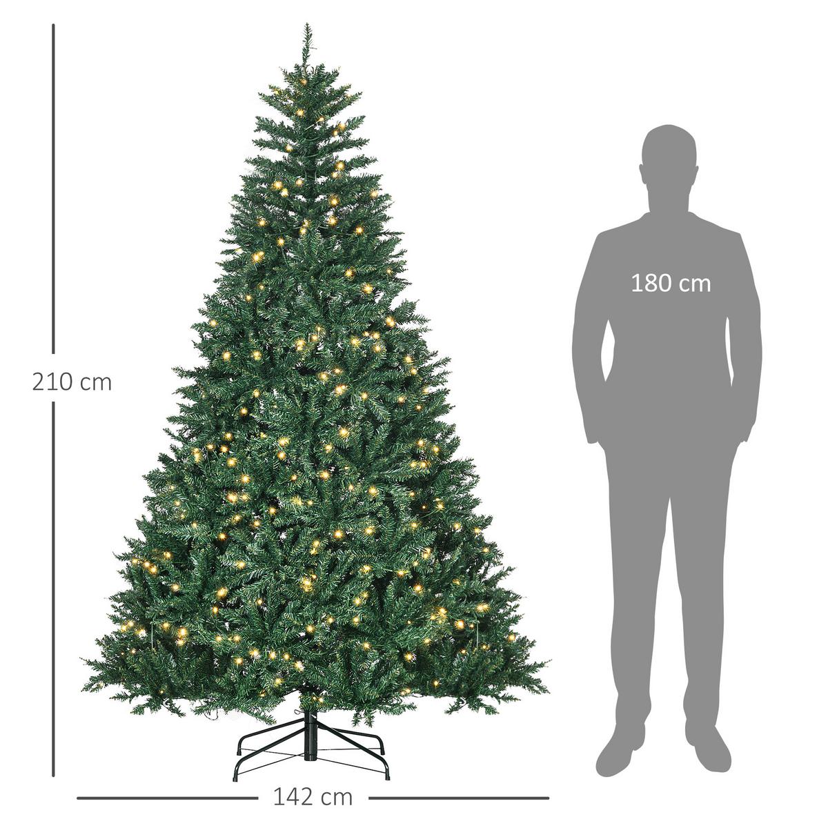 KÜNSTLICHER Weihnachtsbaum, 210 cm Christbaum mit 2154 Spitzen, 700 LED-Leuchte - Grün, Kunststoff (210cm) - HOMCOM
