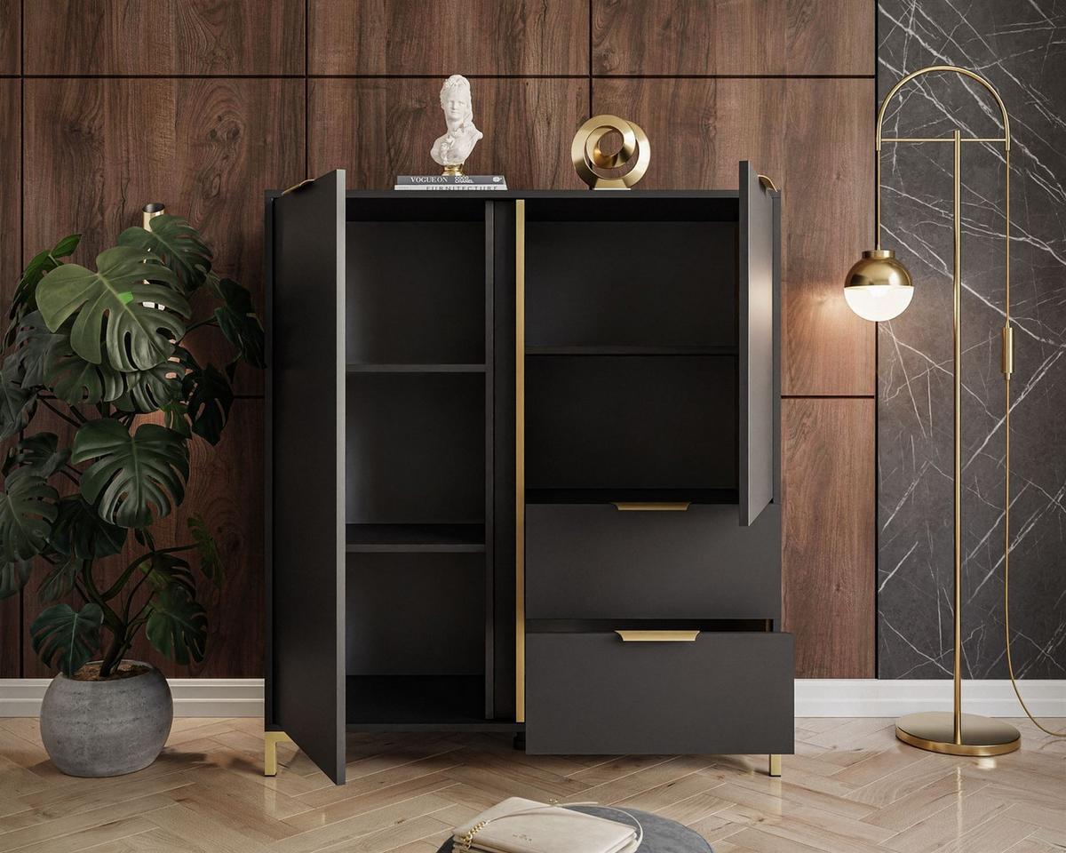 KOMMODE LARETTO 2D2S anthrazit - Schwarz, Holzwerkstoff (103/117.4/40cm) - Lookway