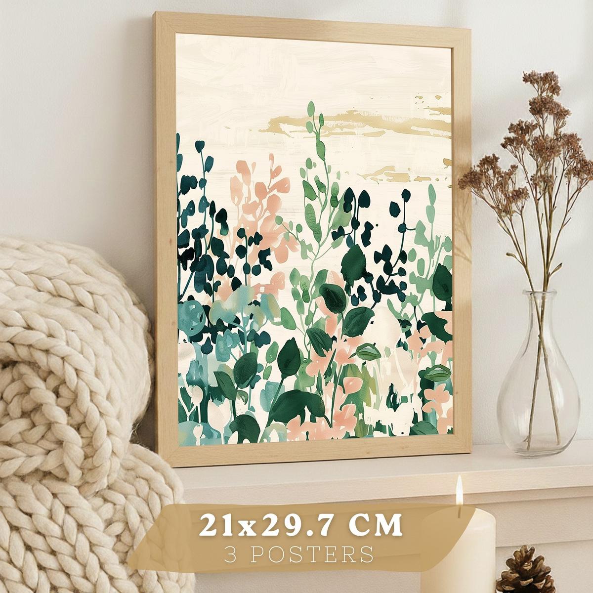 POSTER 3er-Set Wandbilder Floral Bäume modern Wohnzimmer Deko, Schlafzimmer, Küche, Badezimmer Leichter Holzrahmen A3 - Beige, Papier (29.7/1/42cm) - Nacnic