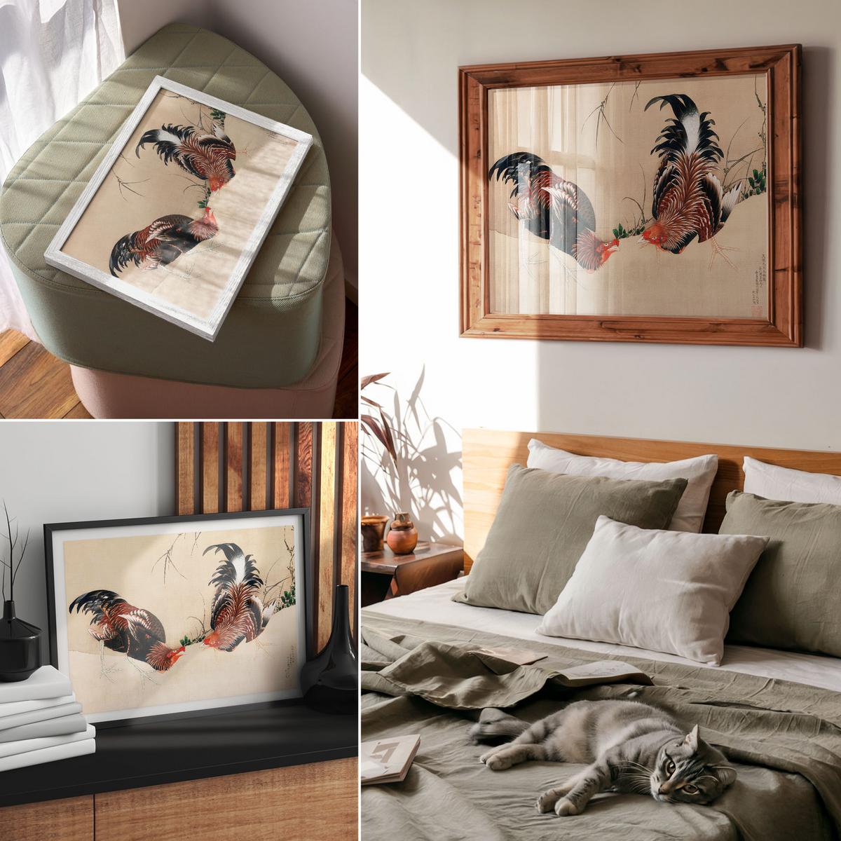 POSTER - 59x42 cm (A2) - Hokusai - Hähne - Creme, Textil (59.4/42/0.1cm) - TULUP