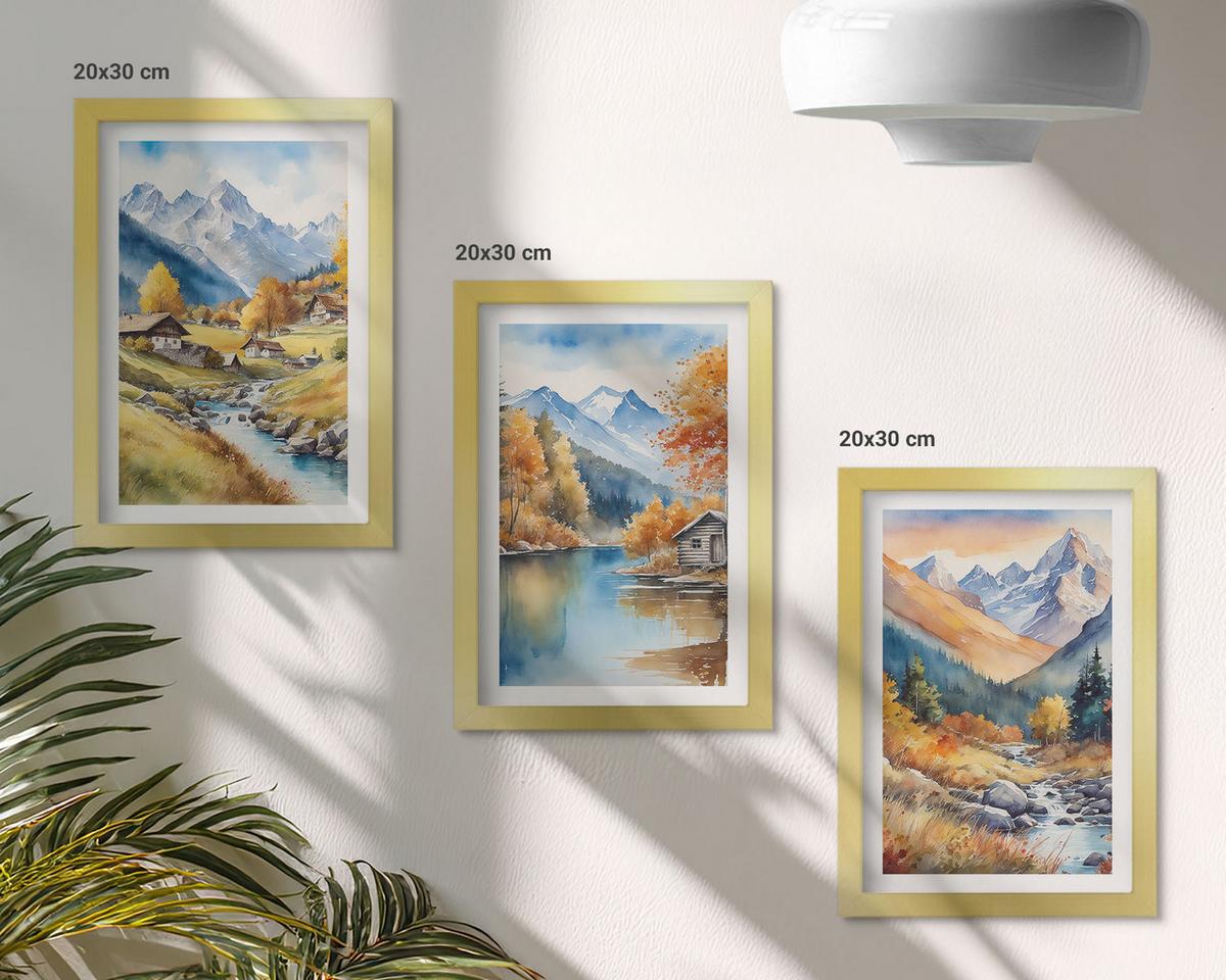 BILDER SET 3er Set - 20x30 cm Goldrahmen - Herbstliche Berge, Flusshäuser - Goldfarben, Kunststoff (20/30cm) - TULUP