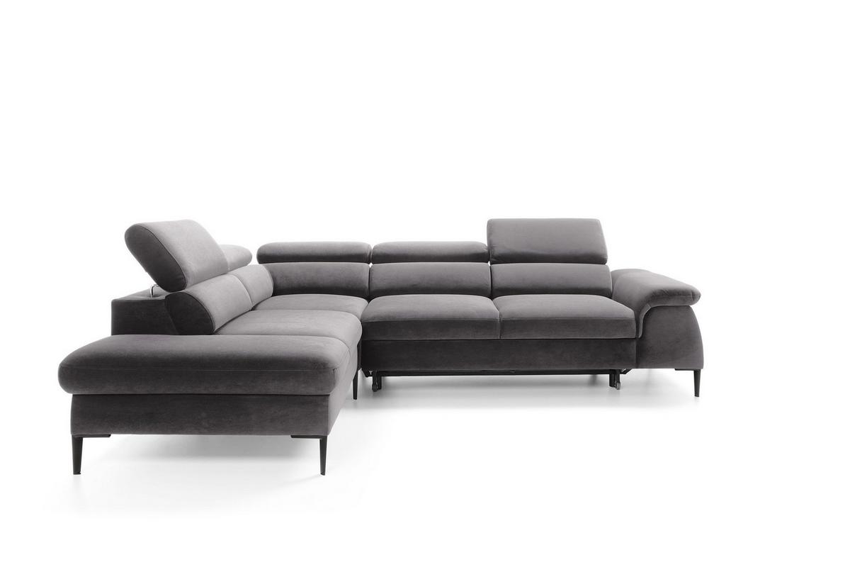 ECKSOFA MESTO Grau Velours-Stoff mit Schlaffunktion - Grau, Holz (280/214cm) - MASSENO