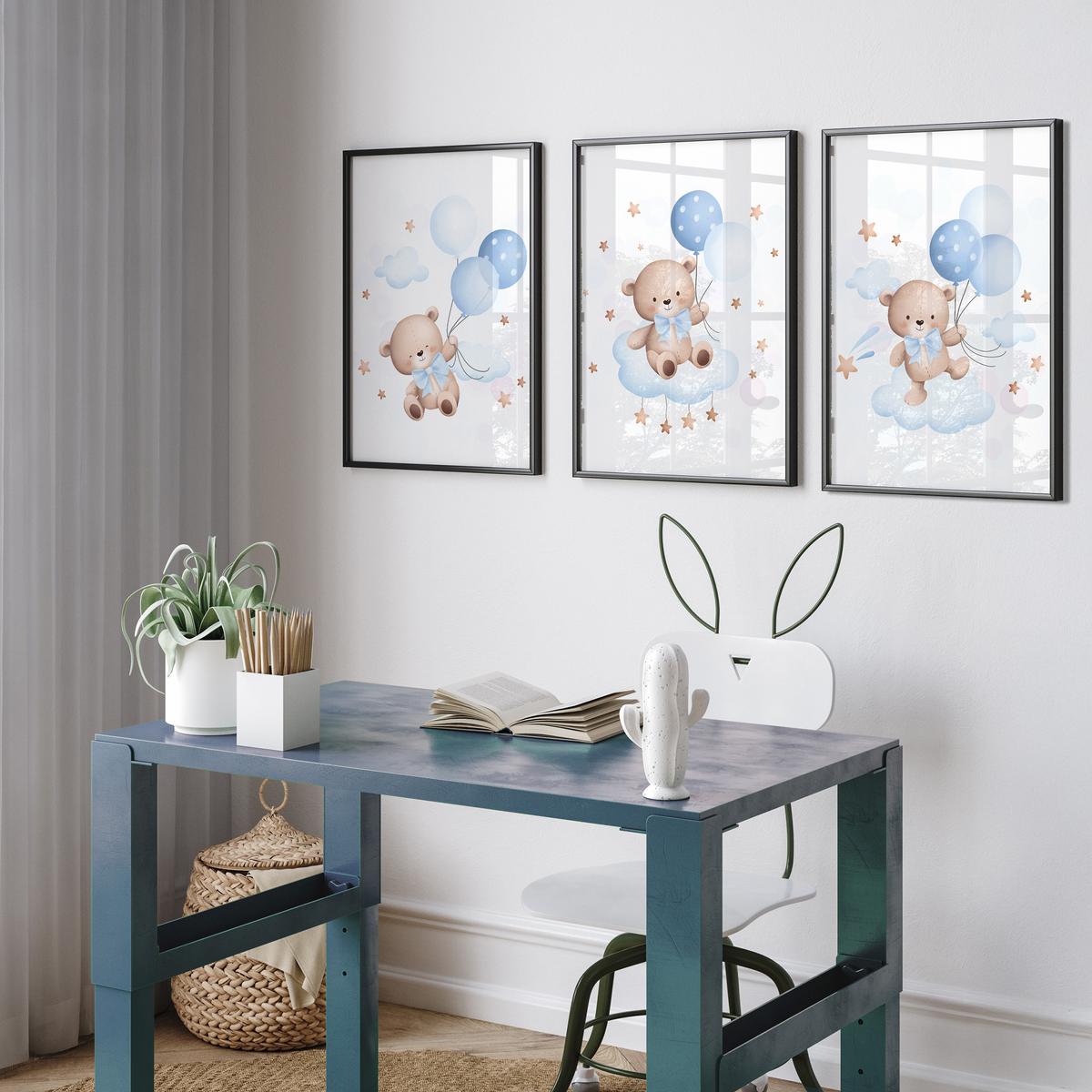 POSTER SET für Kinderzimmer Teddybären blauen Ballons Wolken Sterne 3x Poster A3 30x42cm - Gelb/Beige, Papier (30/42/1cm) - Muralo
